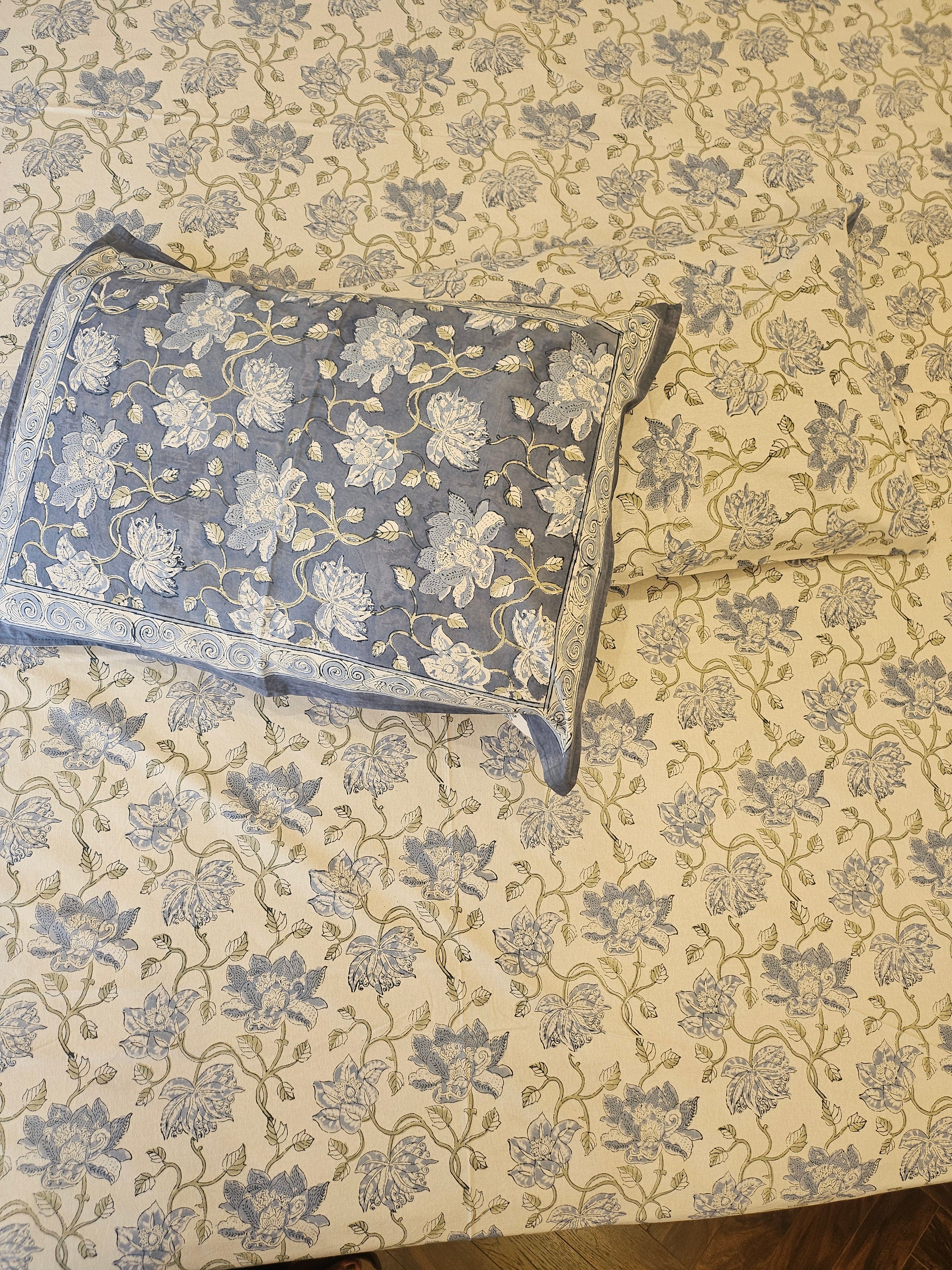 Handblock Printed Grey Bedsheet