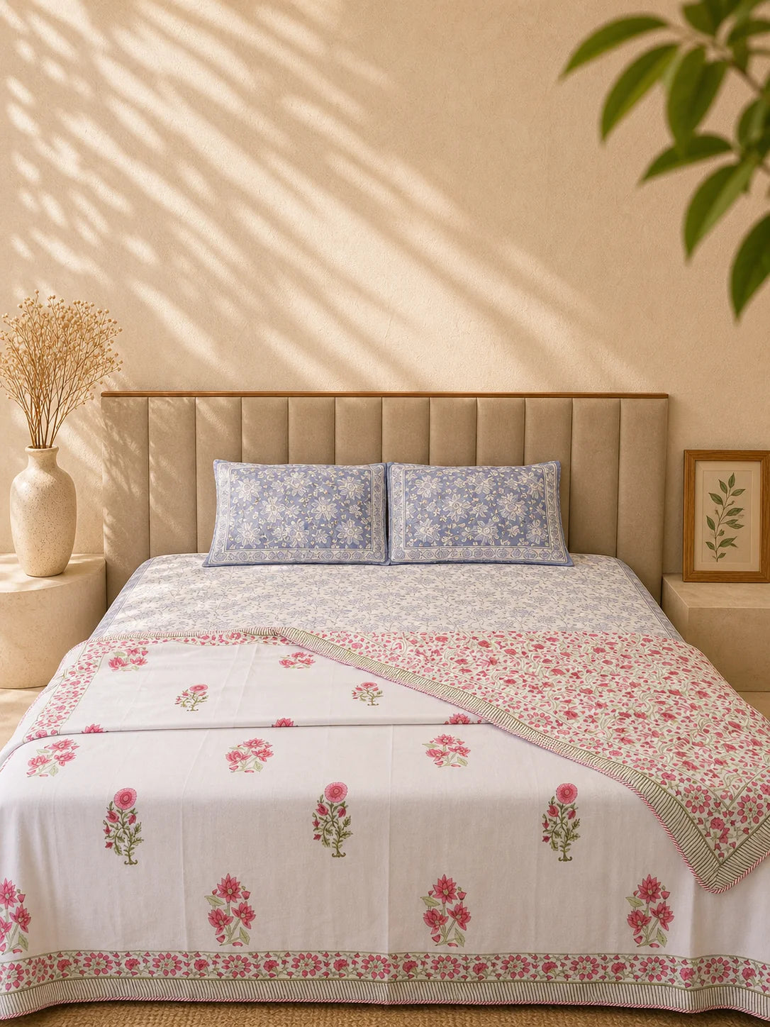 Reversible Hand Block Printed Pink Flower Double Bed Dohar