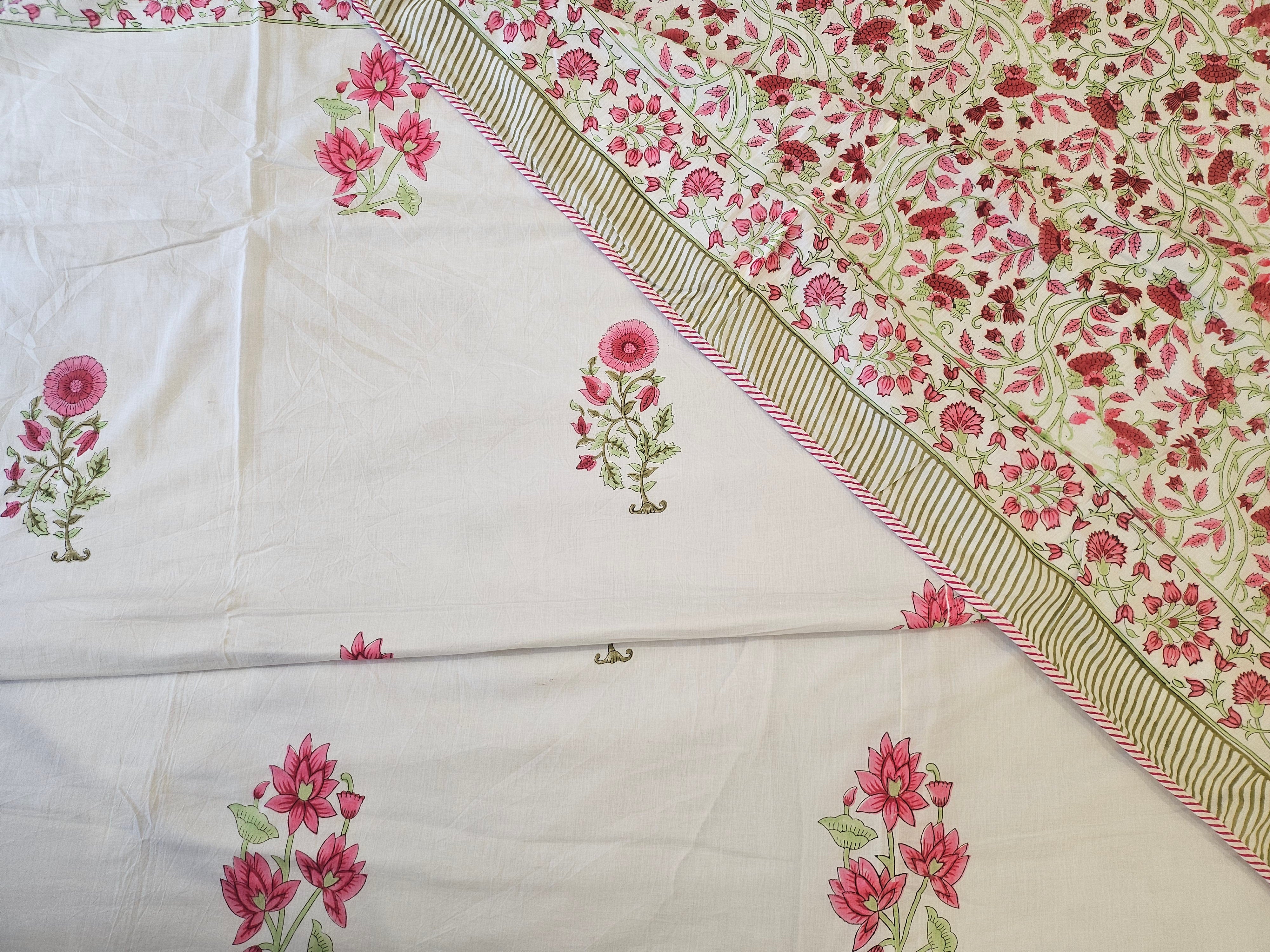 Reversible Hand Block Printed Pink Flower Double Bed Dohar