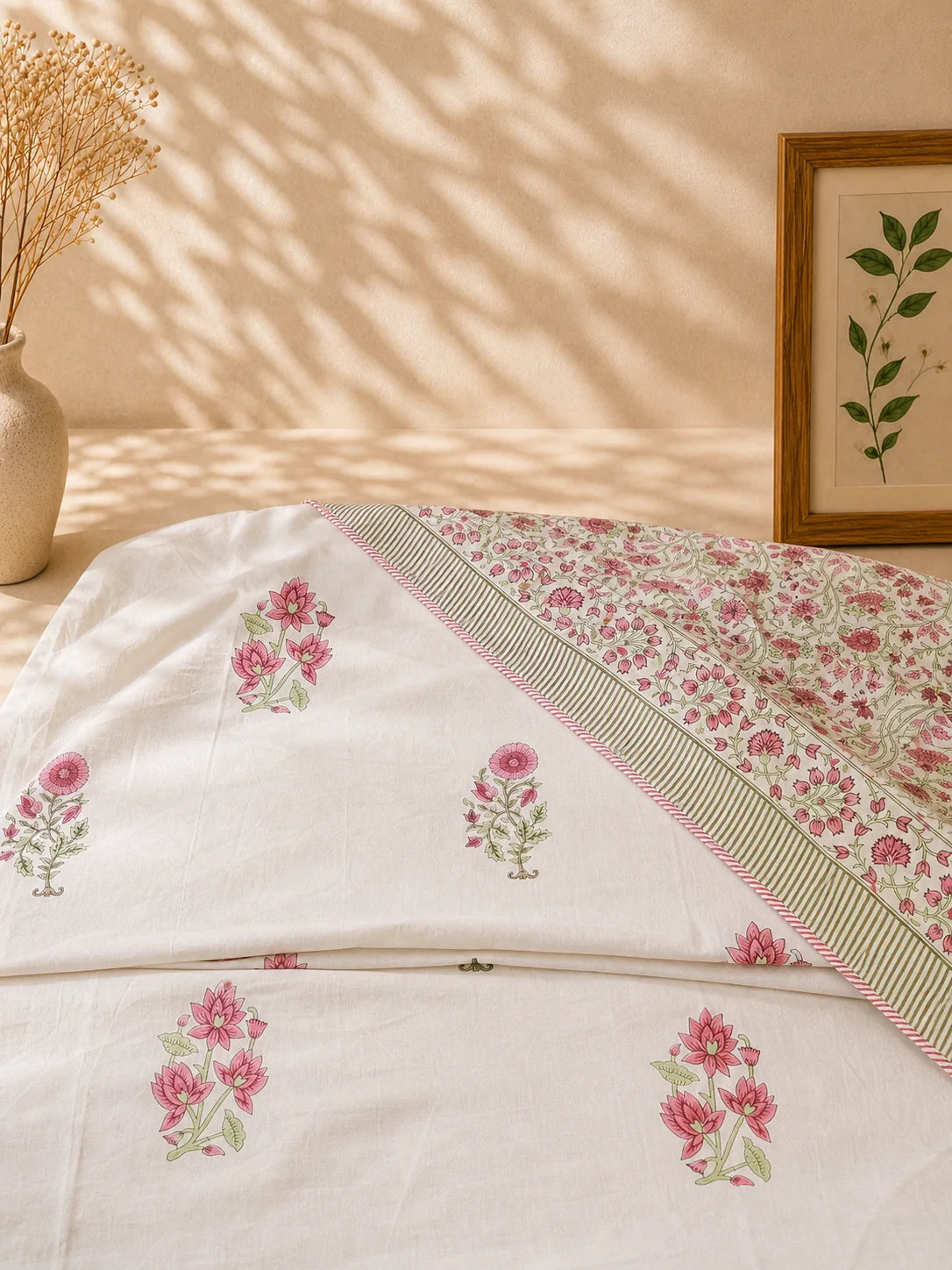 Reversible Hand Block Printed Pink Flower Double Bed Dohar