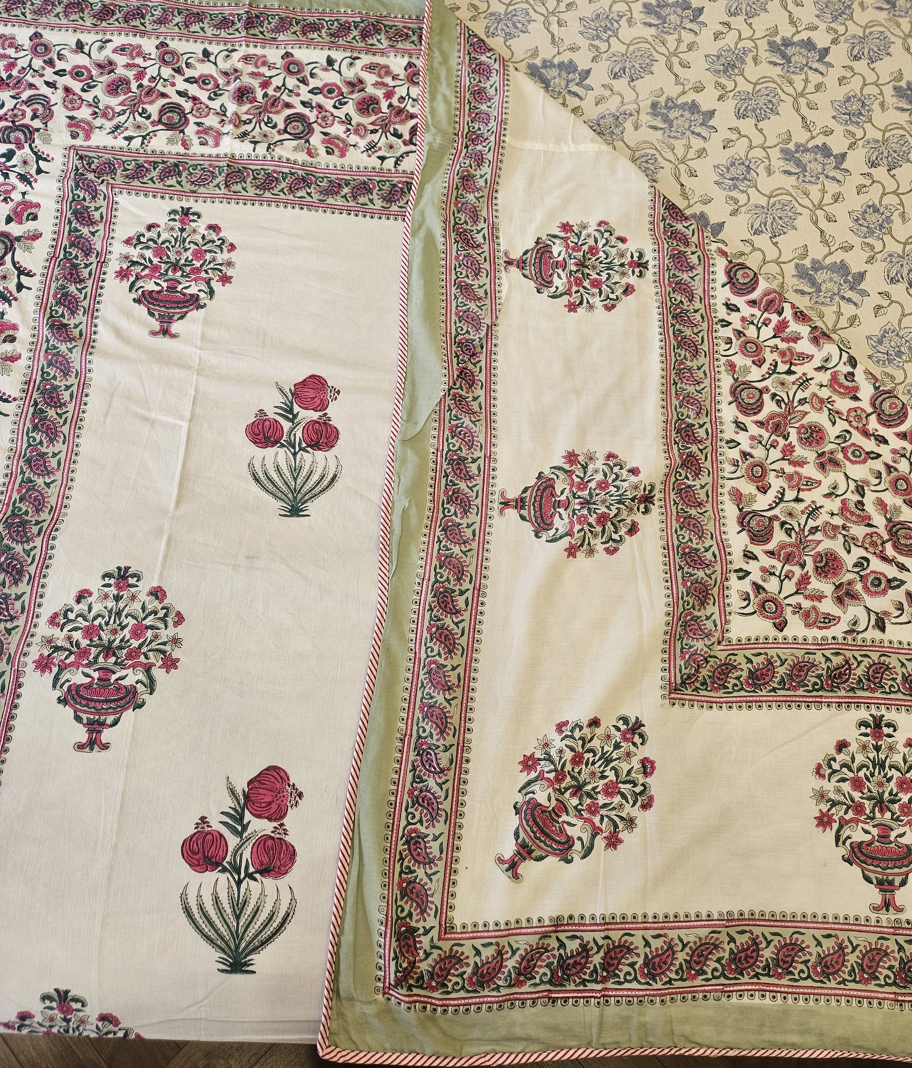 Reversible Hand Block Printed Pink Vase Double Bed Dohar