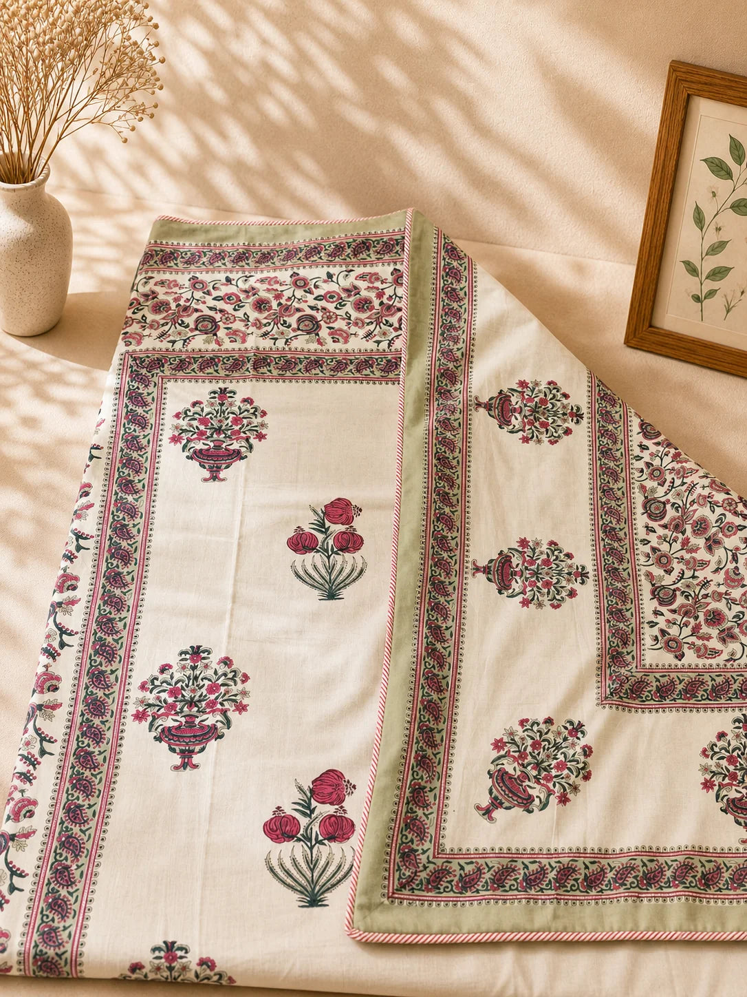 Reversible Hand Block Printed Pink Vase Double Bed Dohar