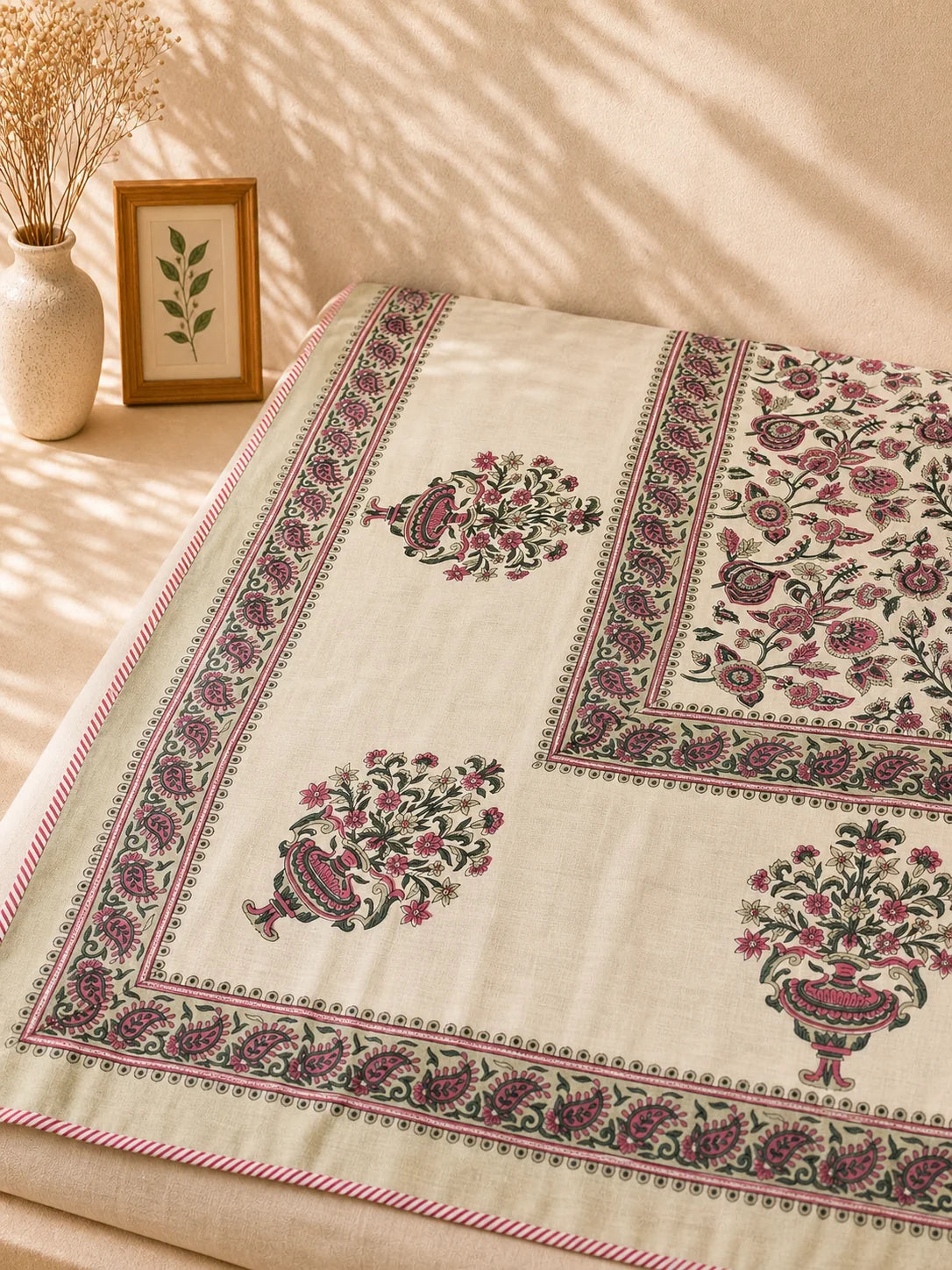 Reversible Hand Block Printed Pink Vase Double Bed Dohar