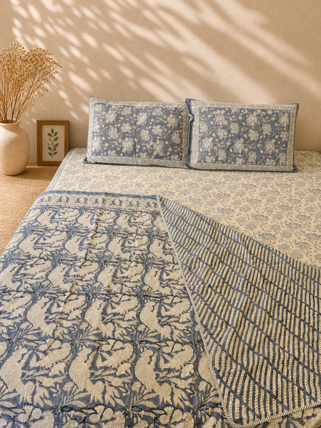 Reversible Hand Block Printed Grey Double Bed Dohar