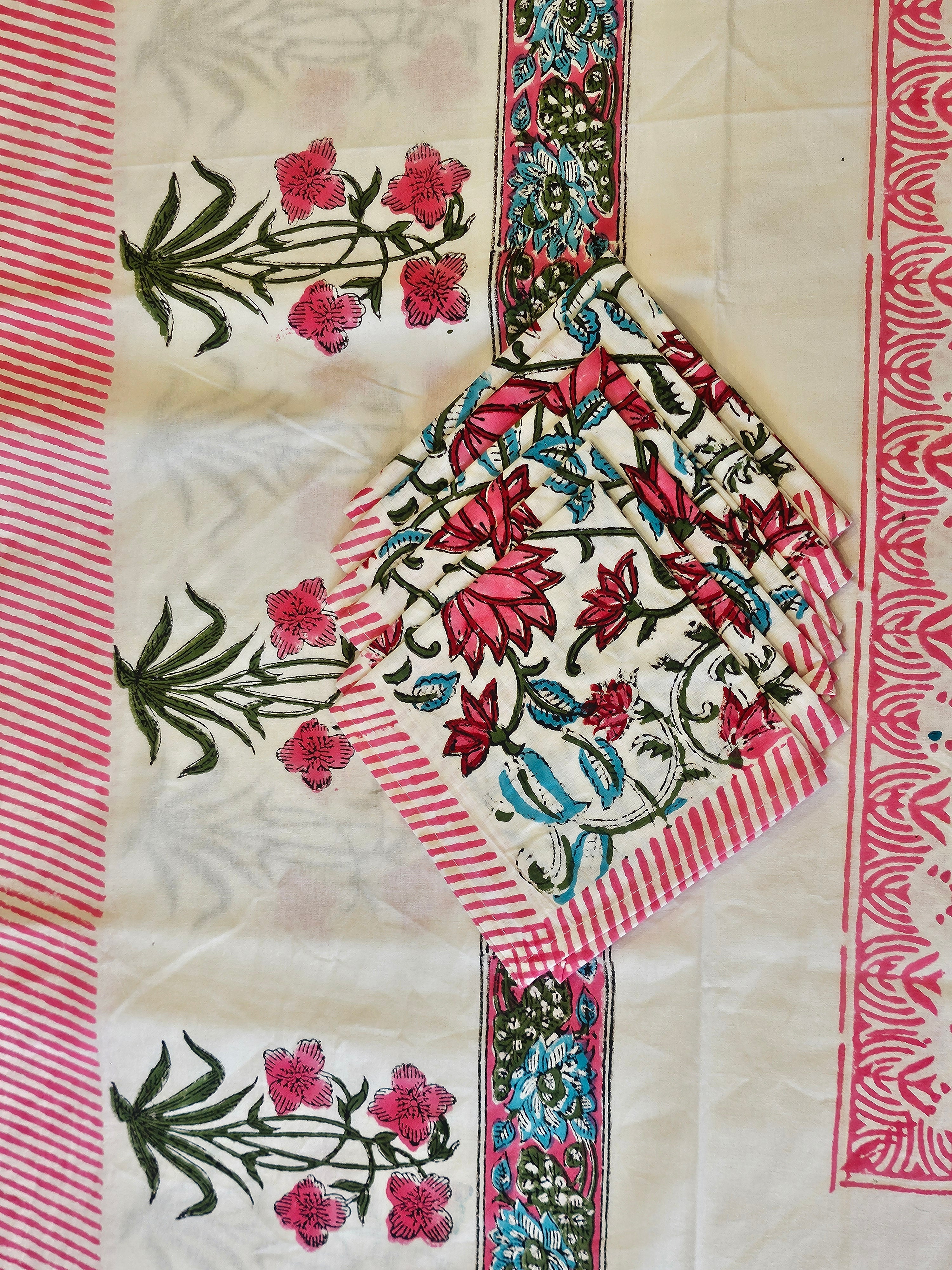 Handblock Printed Pink Lotus Dining table cover