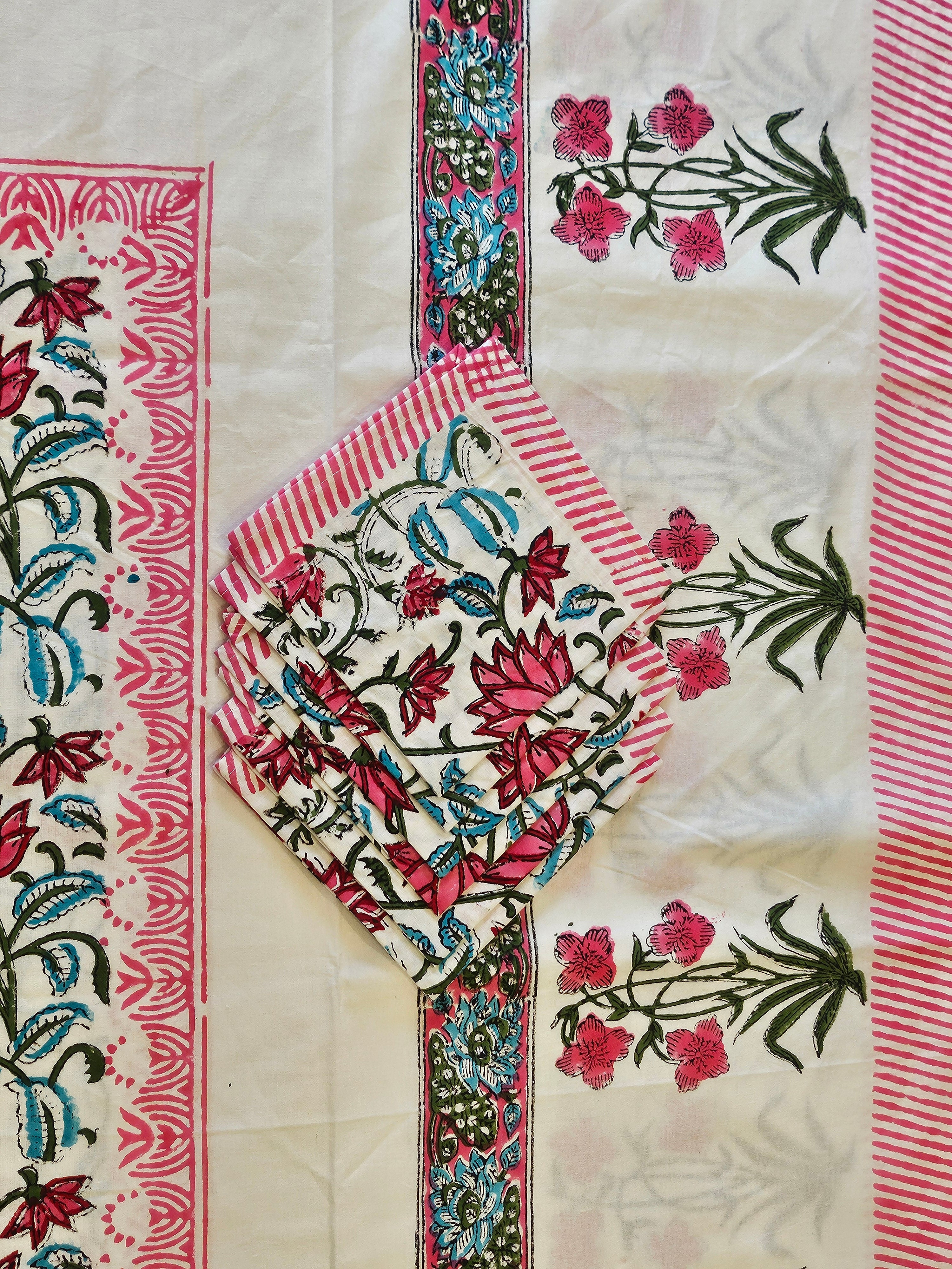 Handblock Printed Pink Lotus Dining table cover