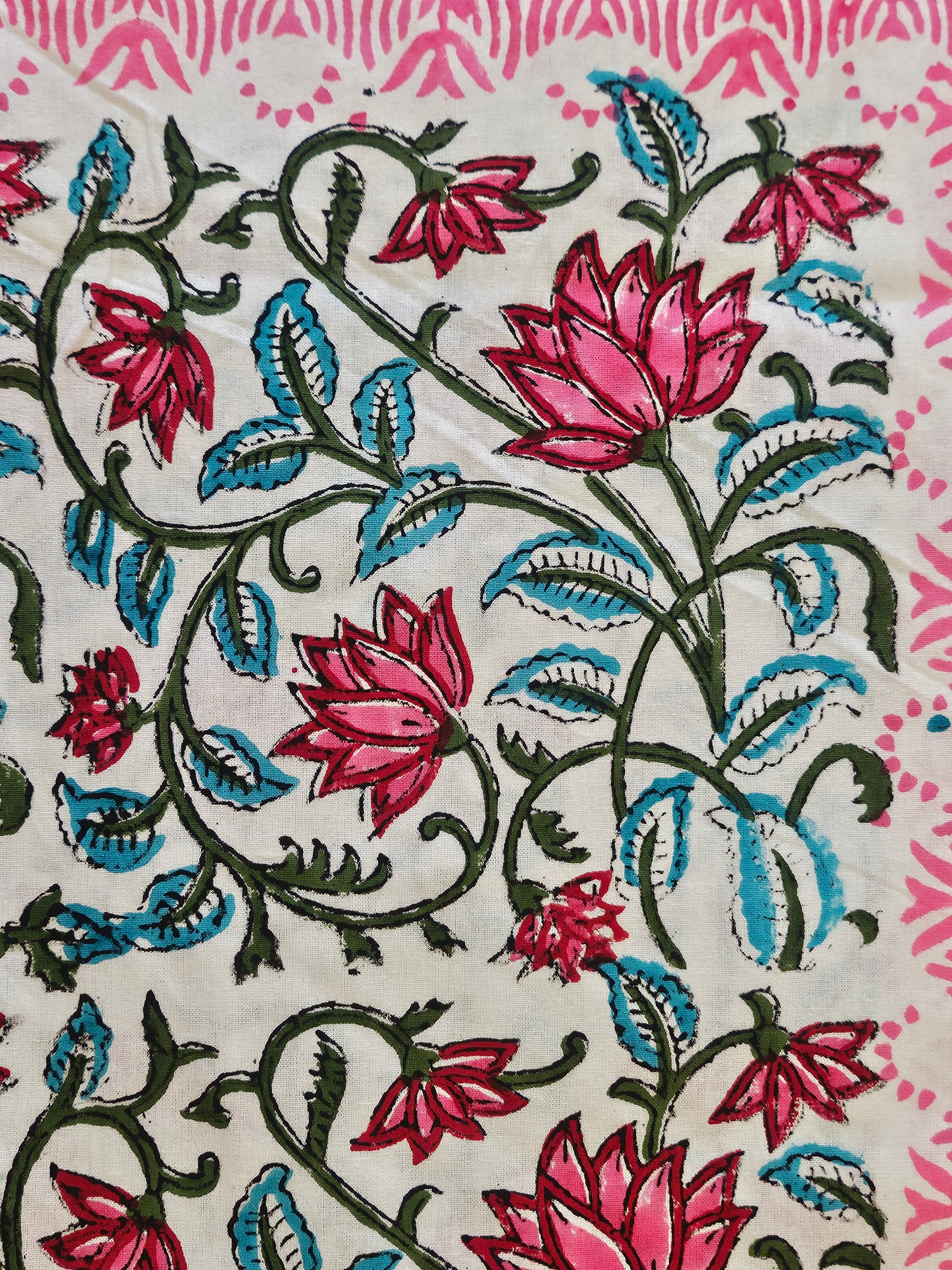 Handblock Printed Pink Lotus Dining table cover