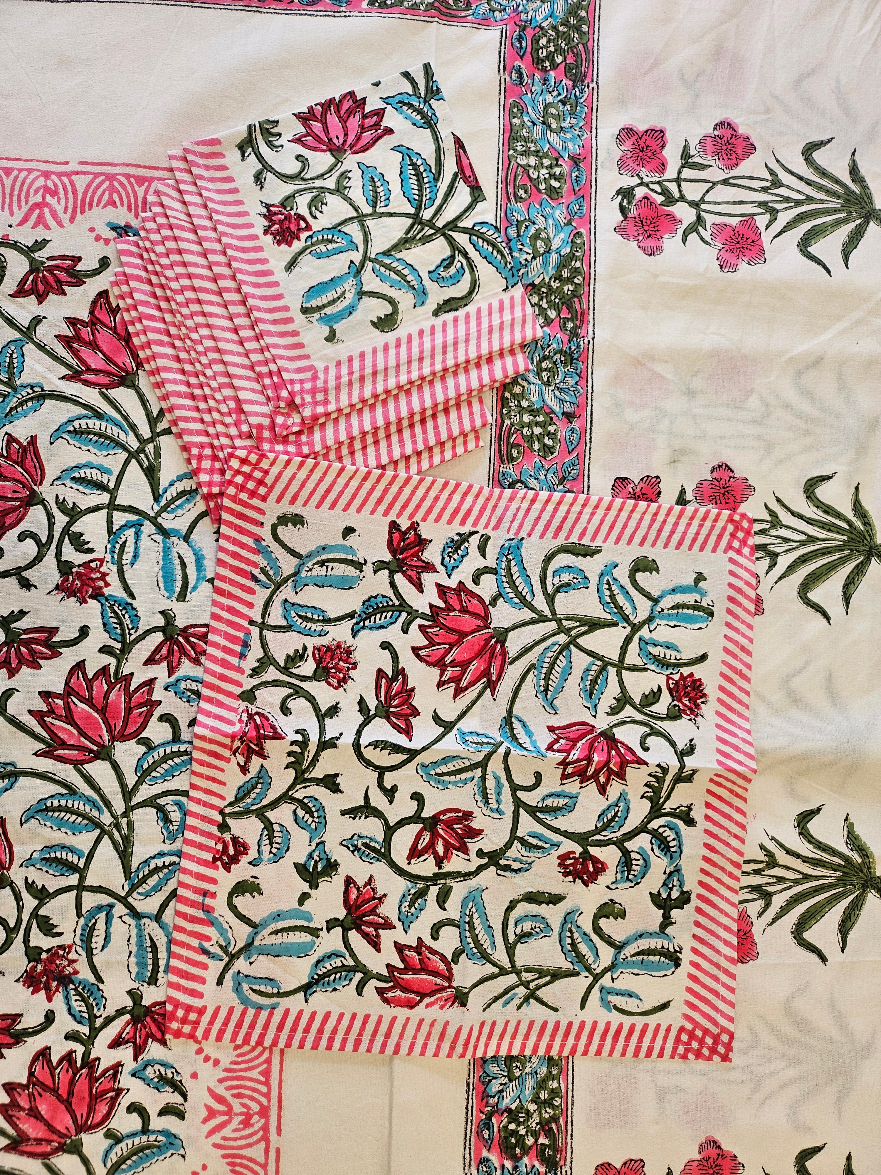 Handblock Printed Pink Lotus Dining table cover