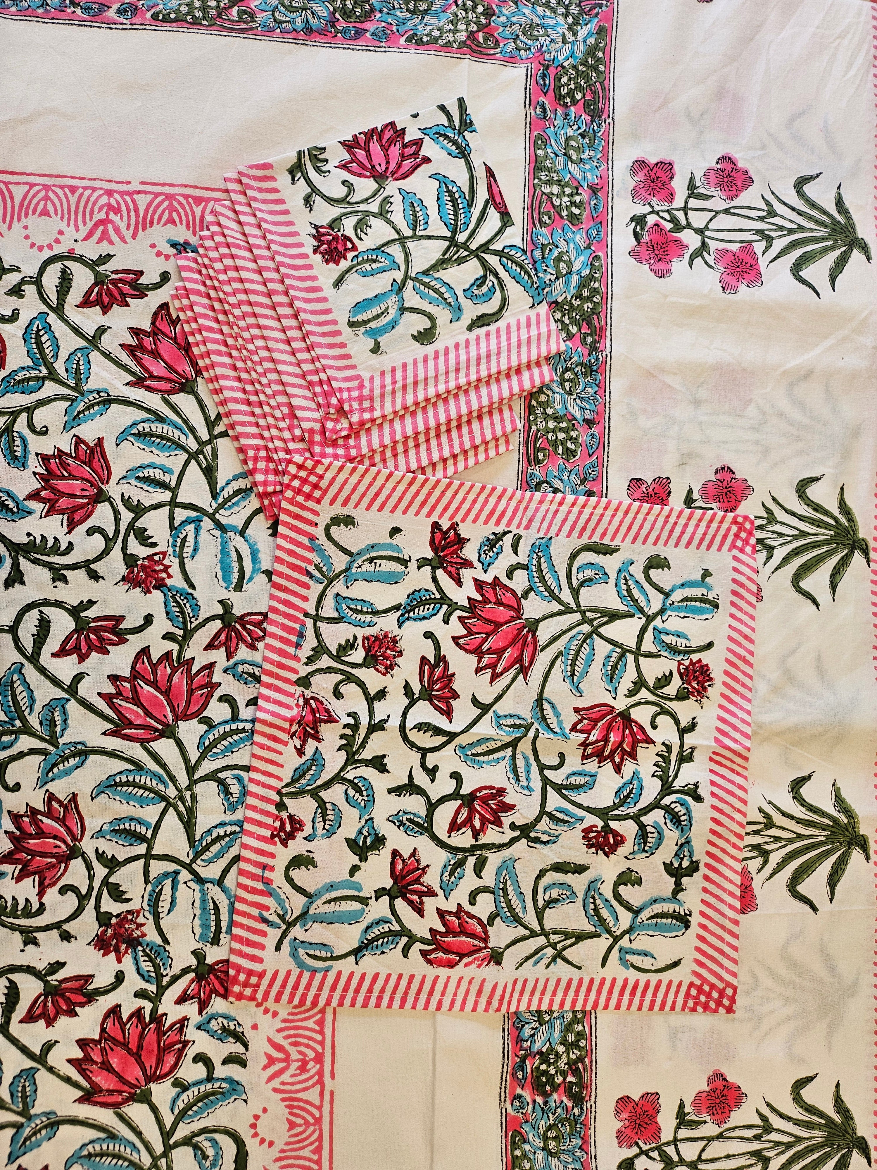 Handblock Printed Pink Lotus Dining table cover