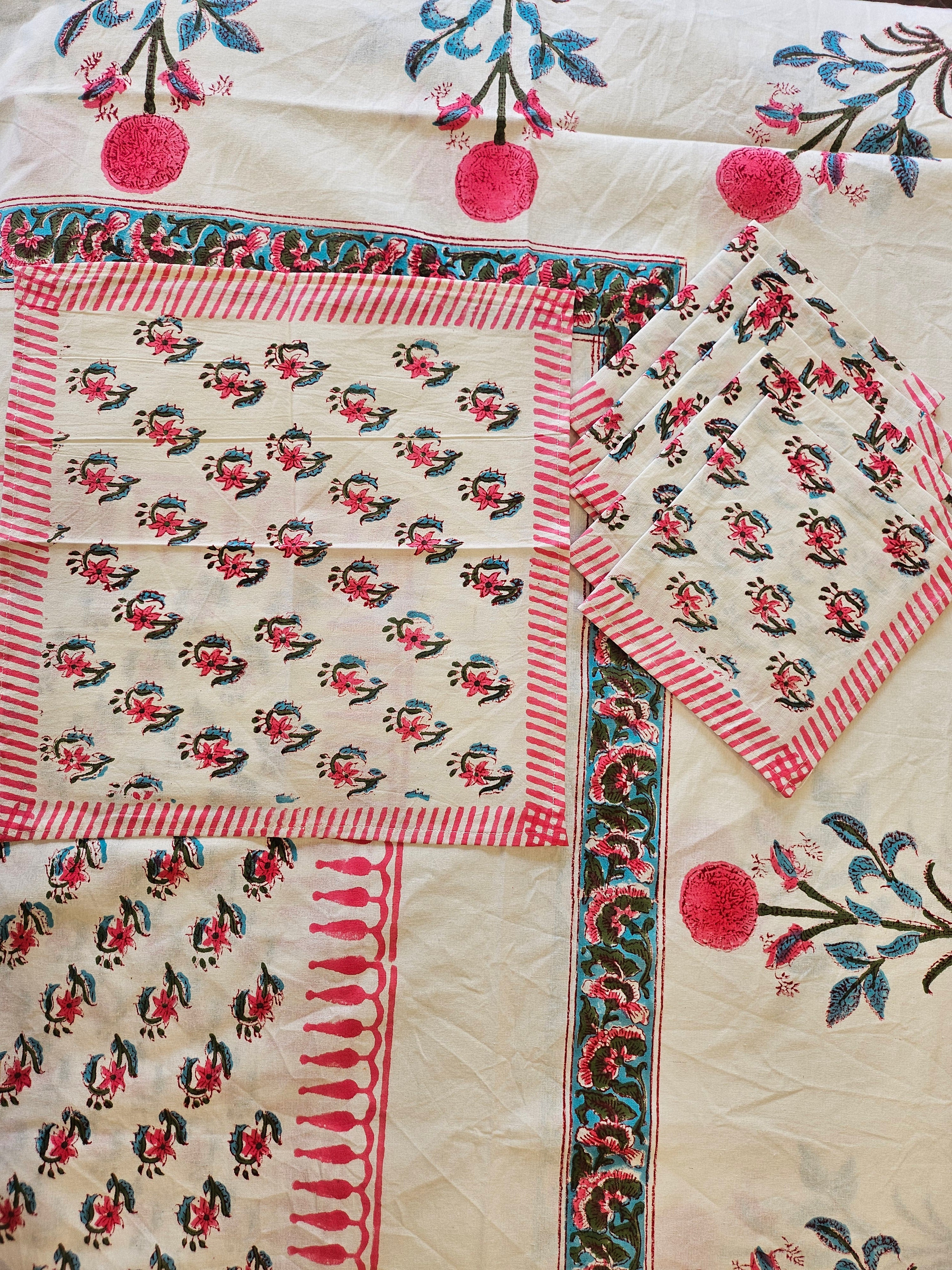 Handblock Printed Pink Motif Dining table cover