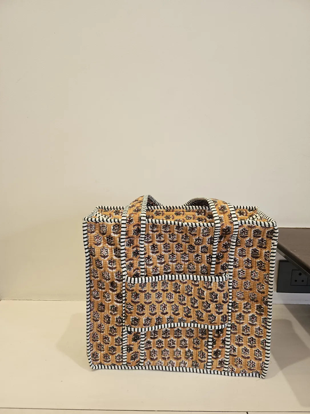Quilted Block Printed Mustard Tote bag