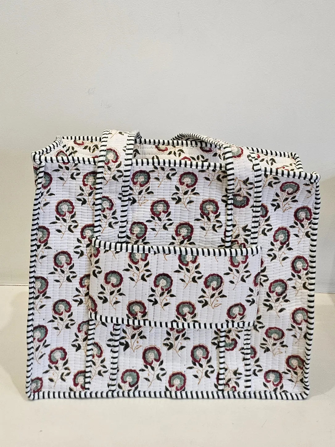 Quiilted Blockprinted White Tote bag