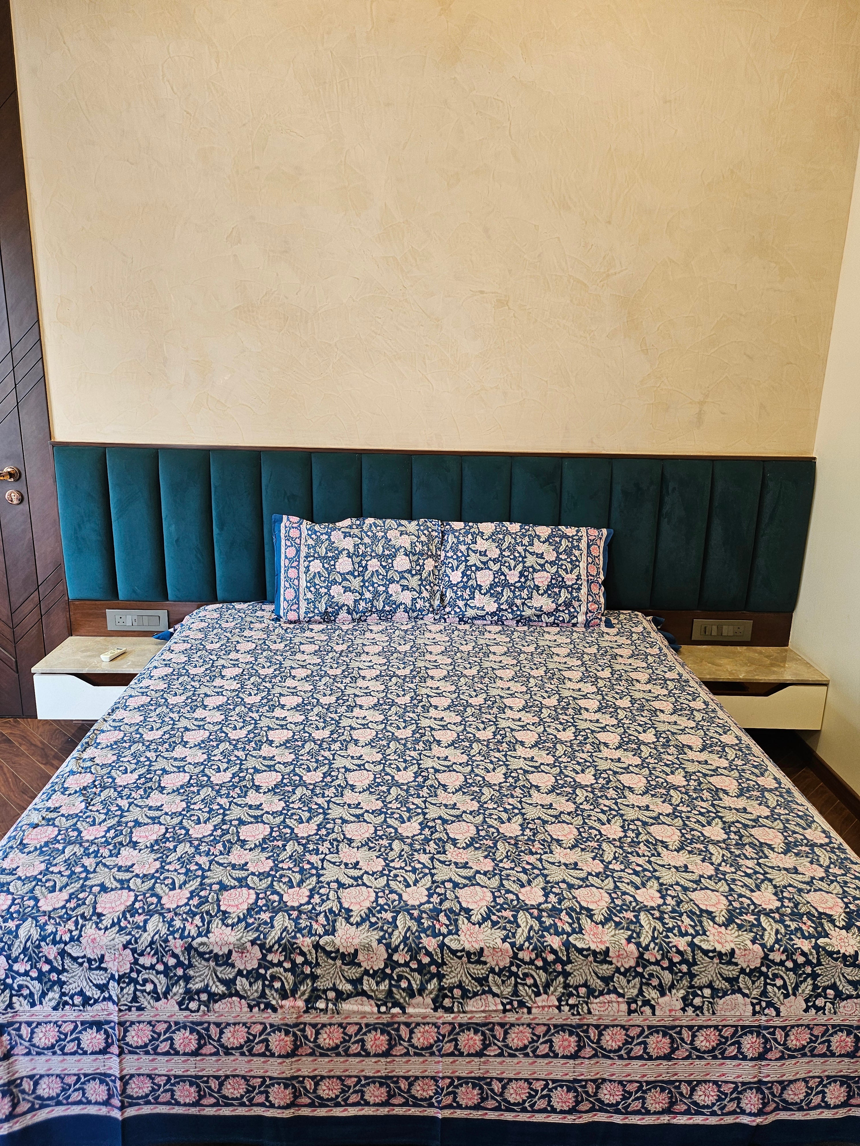 Handblock Printed Blue-Pink Bedsheet