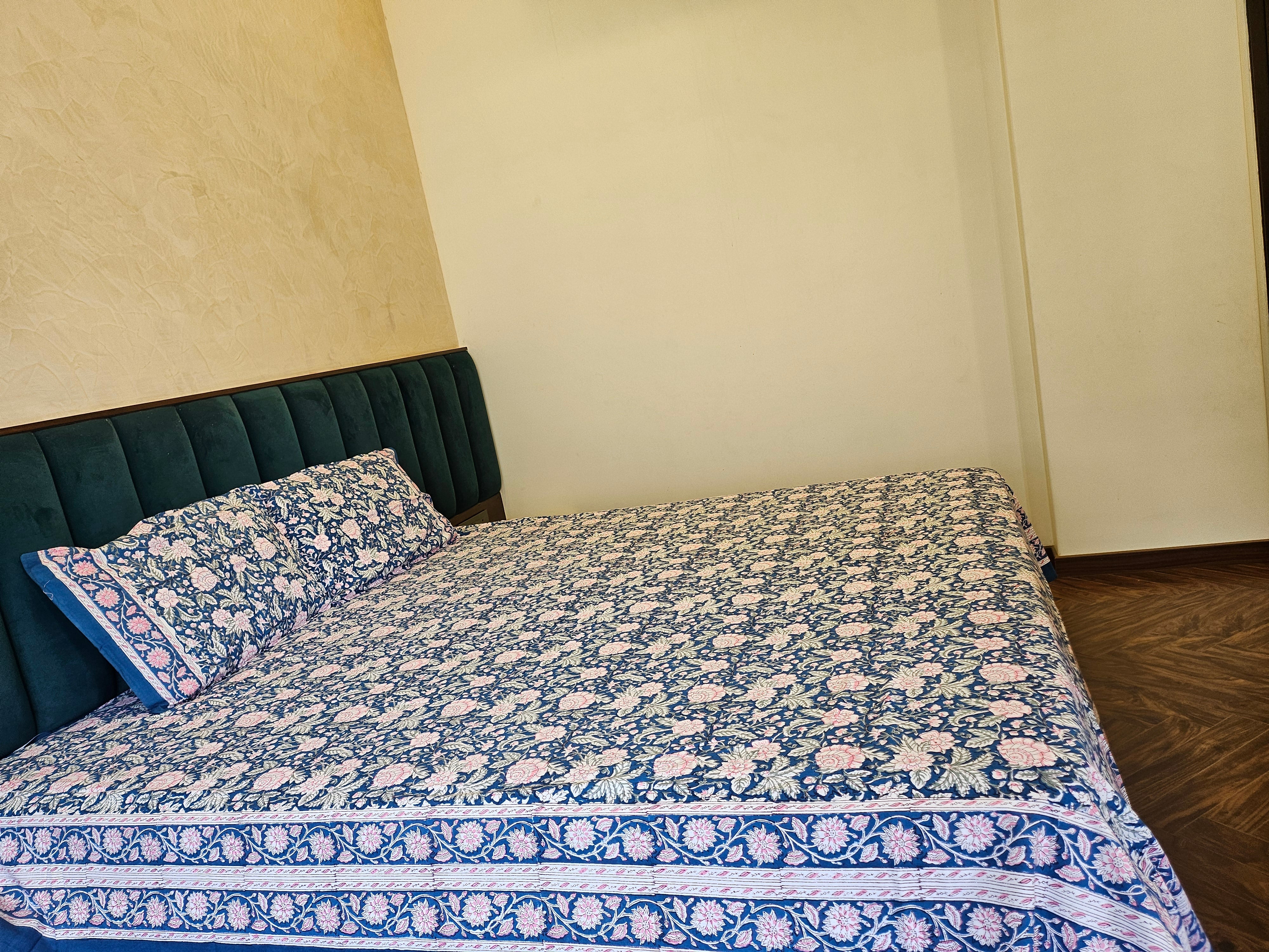 Handblock Printed Blue-Pink Bedsheet
