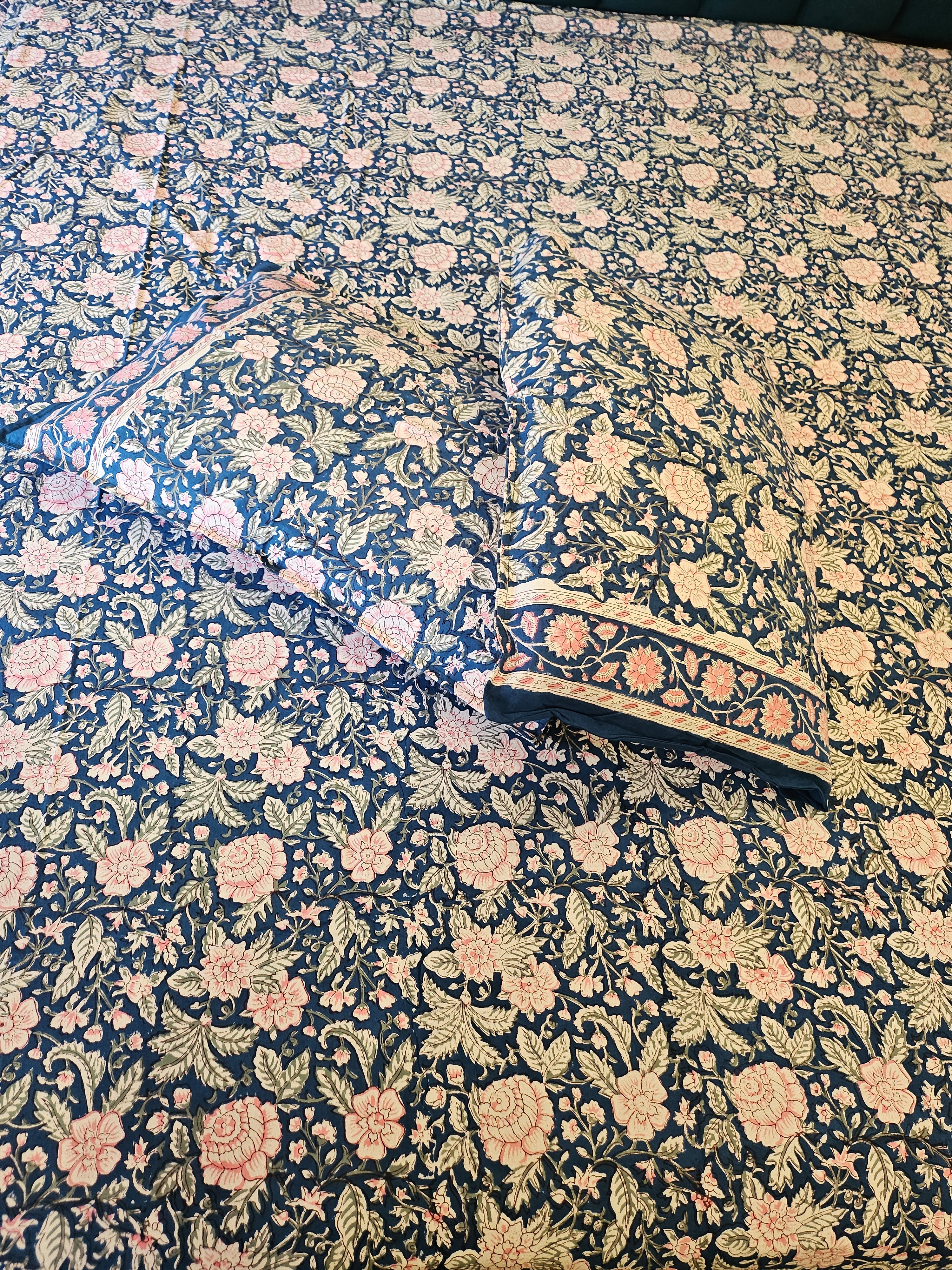 Handblock Printed Blue-Pink Bedsheet