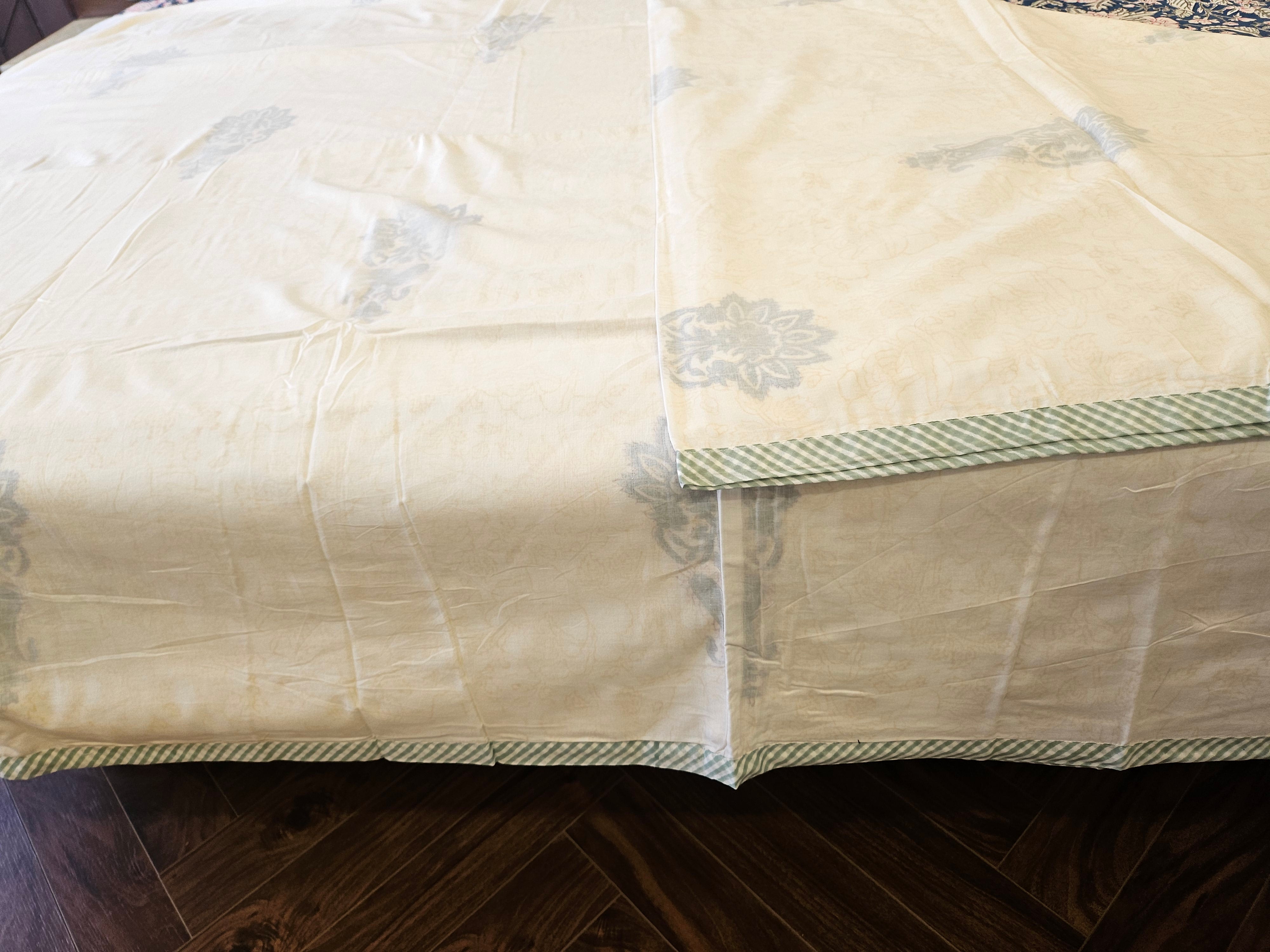 Double Bed Hand Block Printed Green Yellow Motif Mulmul Dohar