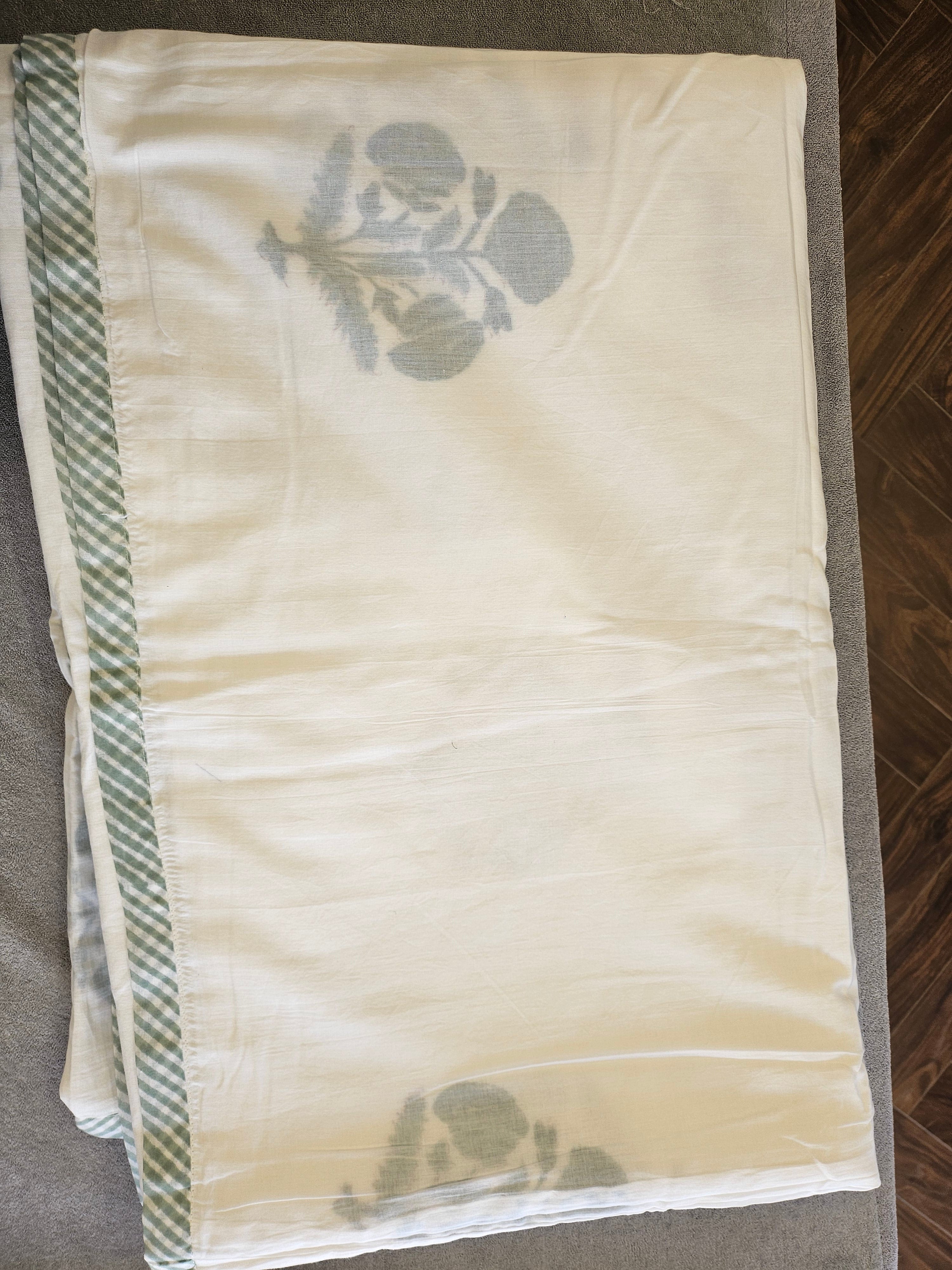 Double Bed Hand Block Printed Green Motif  Mulmul Dohar