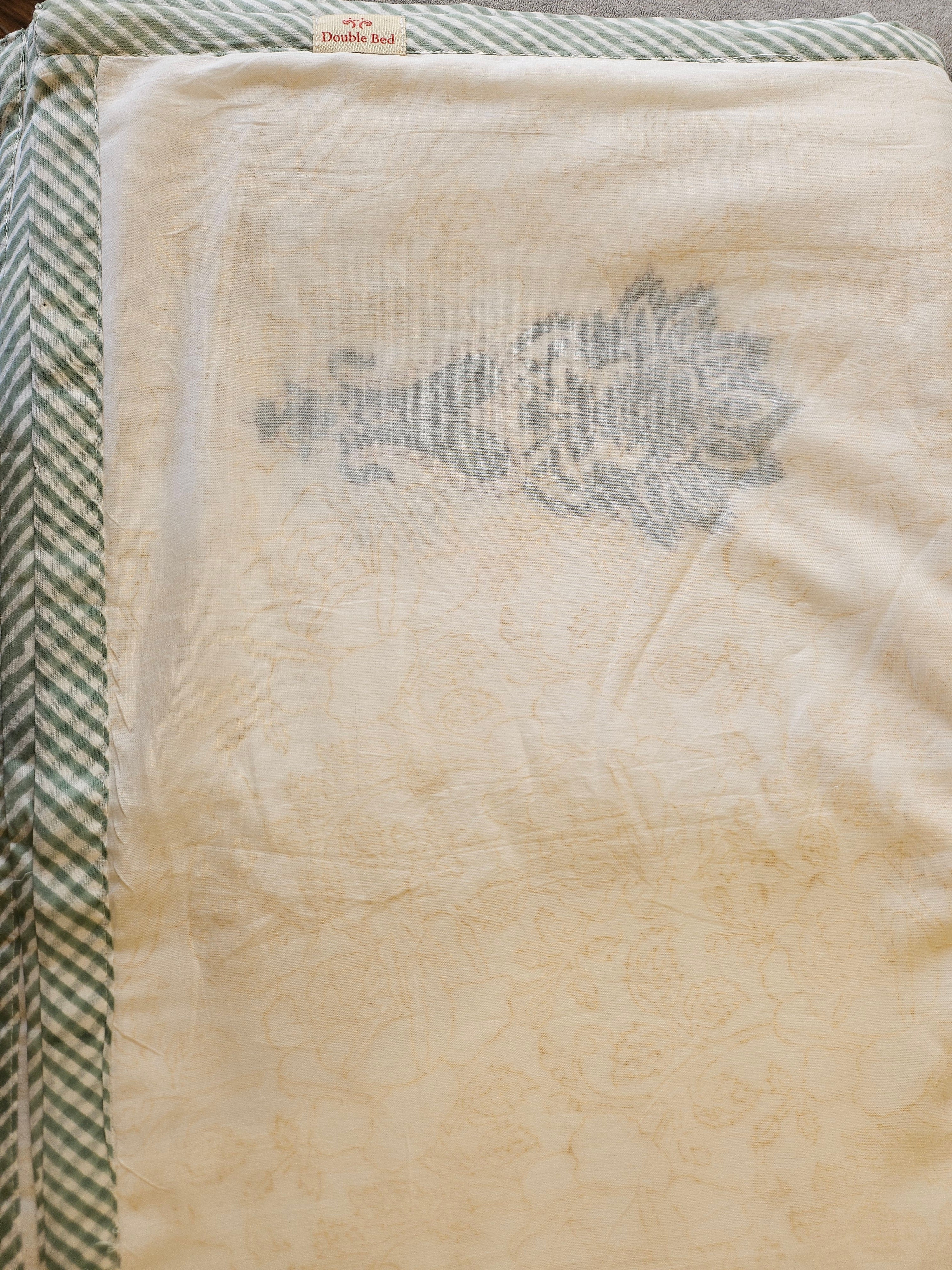 Double Bed Hand Block Printed Green Yellow Motif Mulmul Dohar