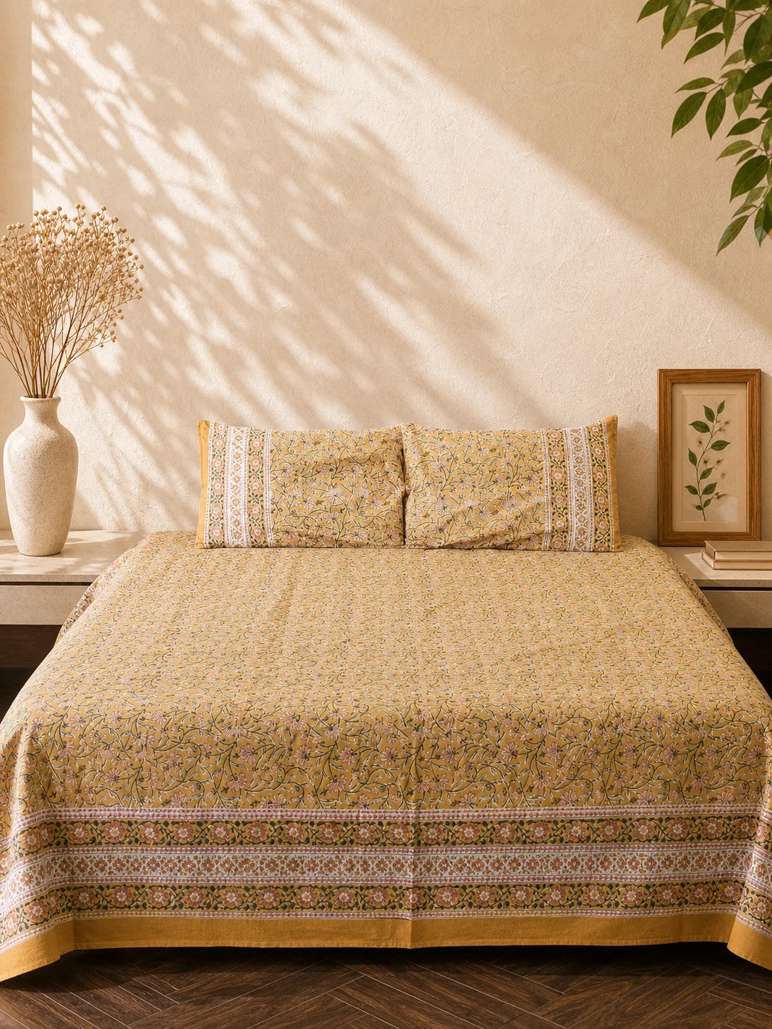 Handblock Printed Yellow Bedsheet