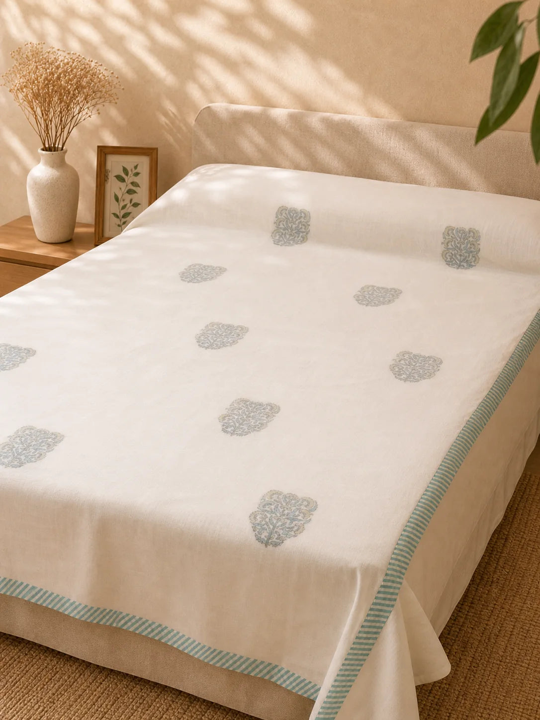 Single bed Handblock Printed Yellow Motif Mulmul Dohar