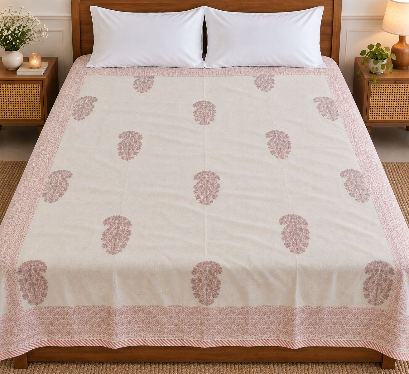 Double Bed Hand Block Printed Pink Motif Mulmul Dohar