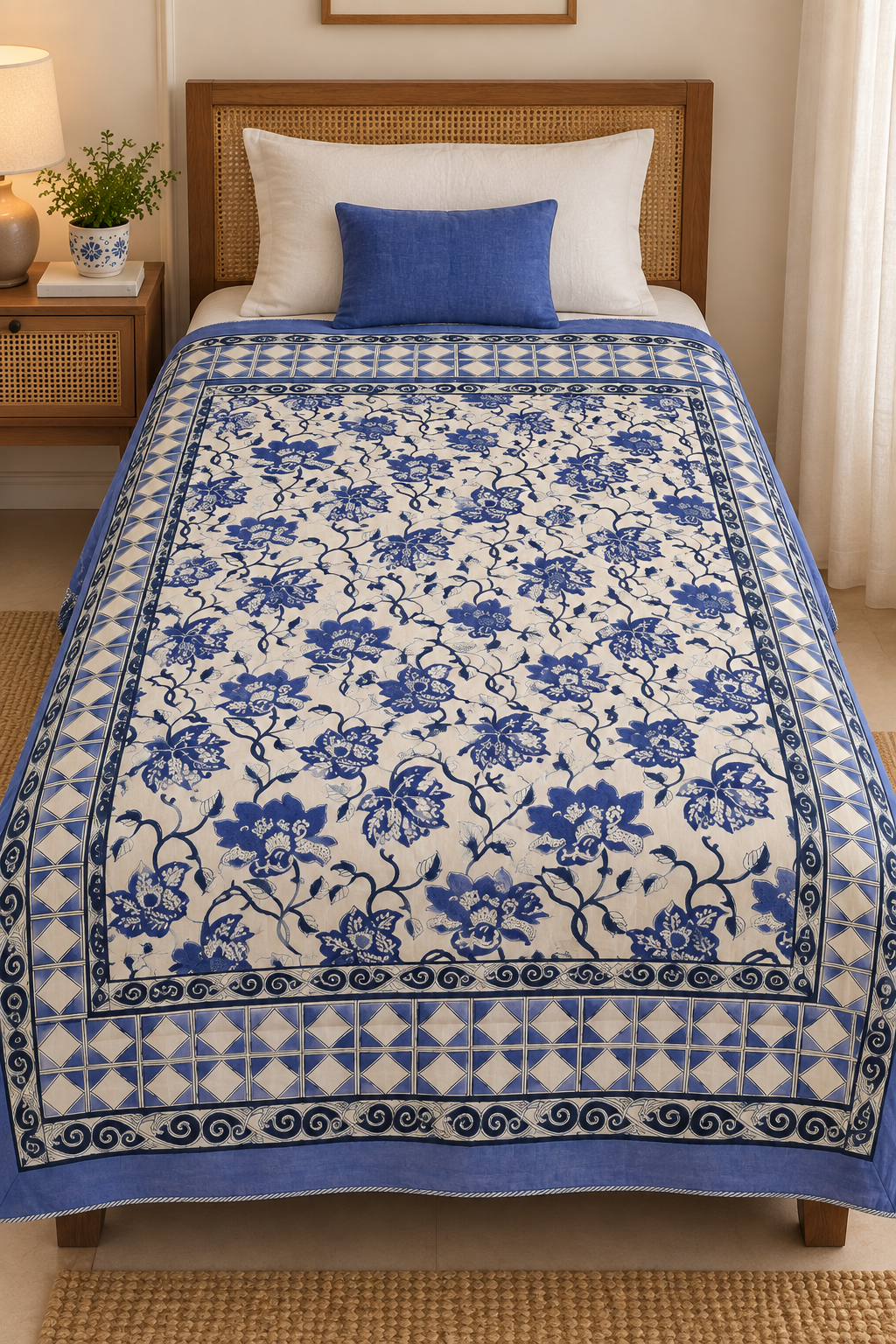 Reversible Hand Block Printed Navy Blue Single Bed Dohar