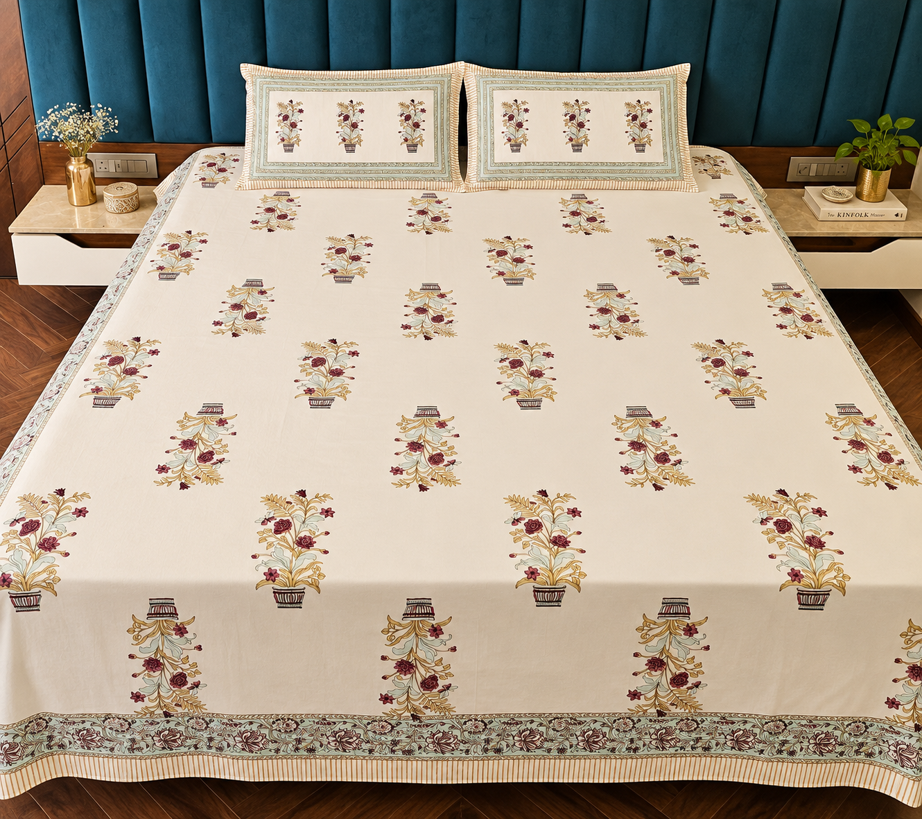 Hand Printed Wine Vase Motif Bed Sheet
