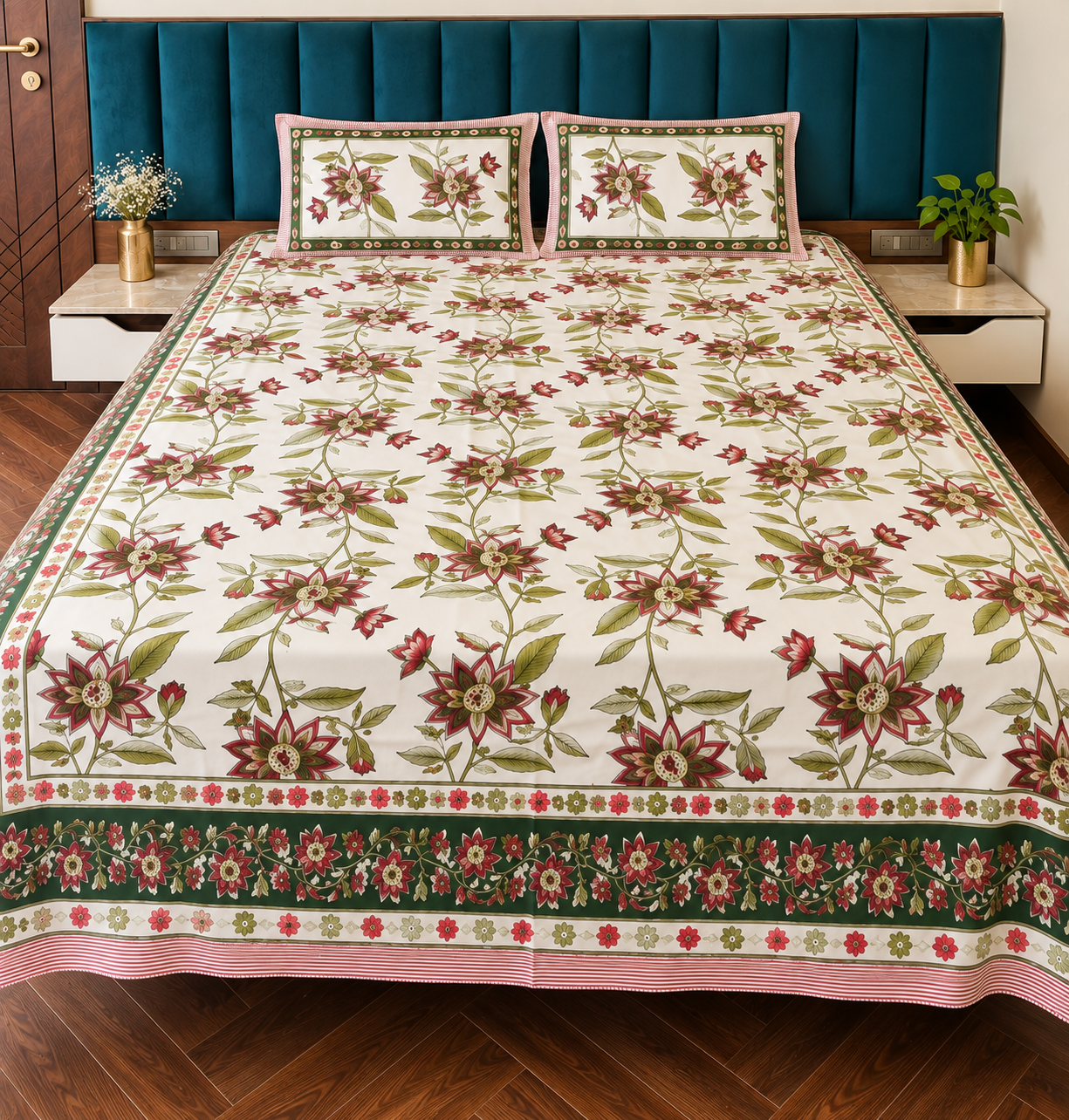 Hand Printed Green Floral Bed Sheet