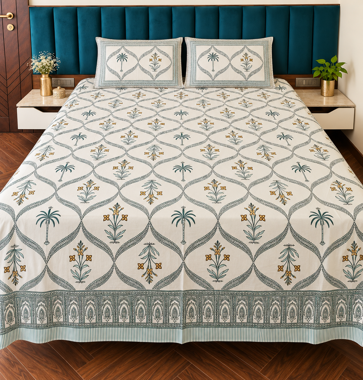 Hand Printed Palm Grey Bed Sheet