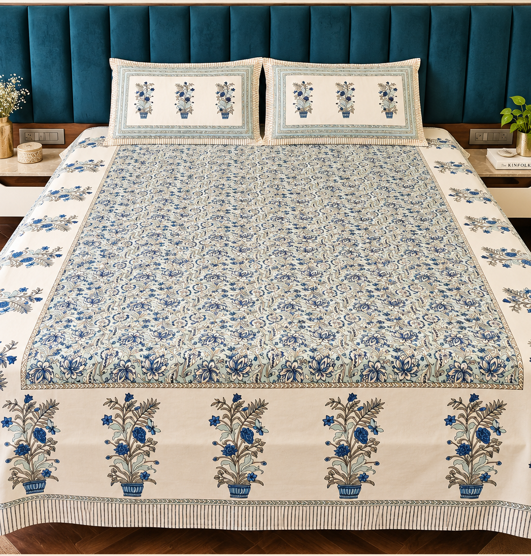Hand Printed Blue Vase Bed Sheet