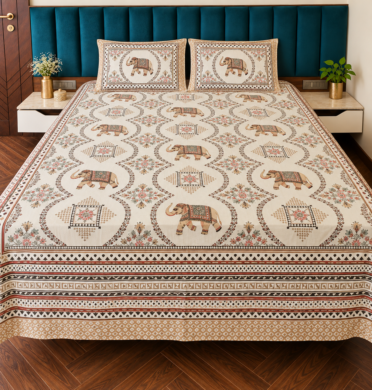 Hand Printed Elephant Brown Bed Sheet