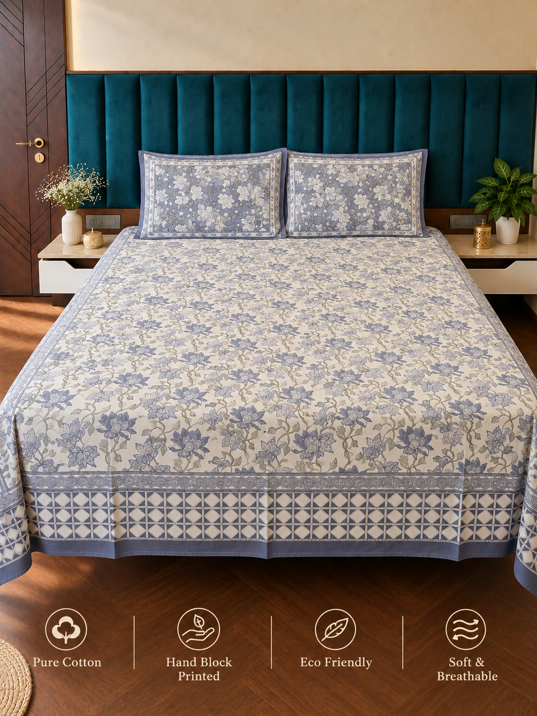 Handblock Printed Grey Bedsheet