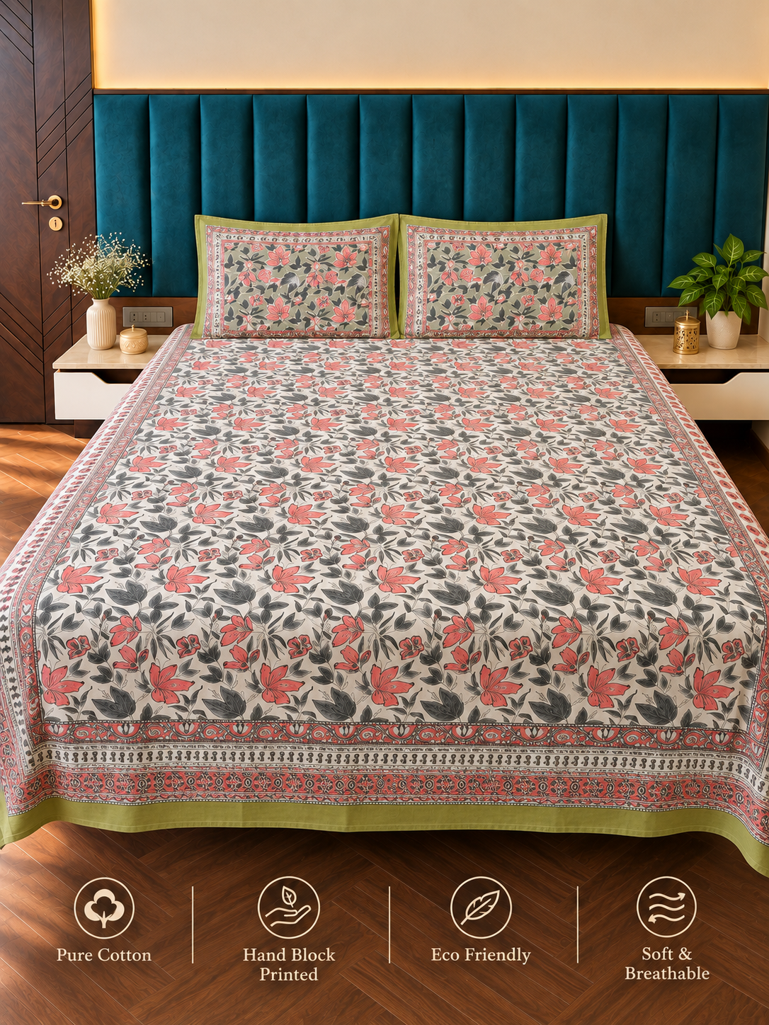 Handblock Printed Green Bedsheet
