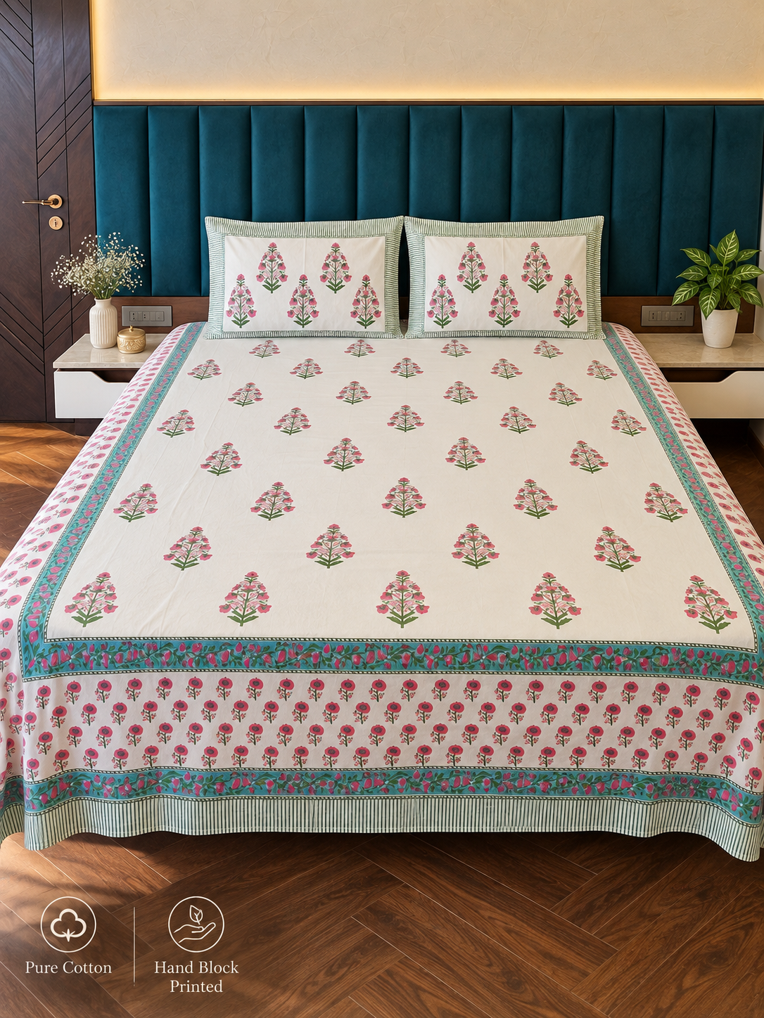 Handblock Printed Pink Motif Bedsheet
