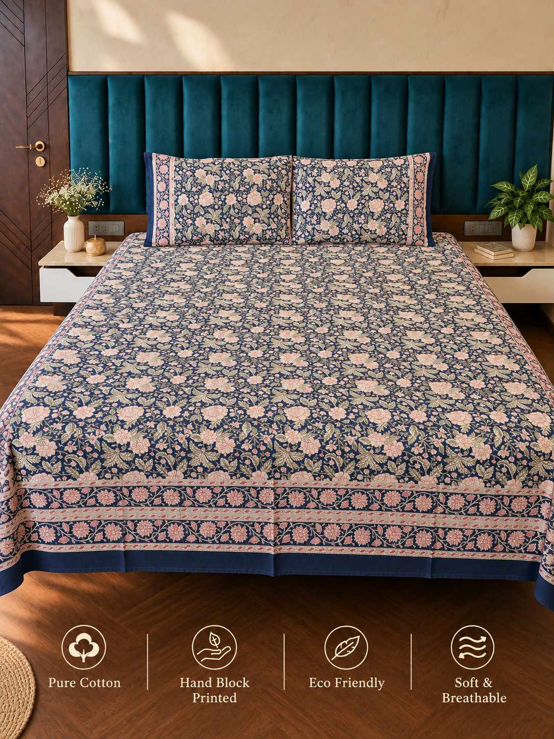 Handblock Printed Blue-Pink Bedsheet