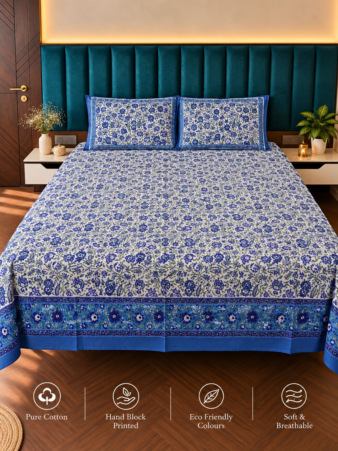Handblock Printed Blue-White Bedsheet