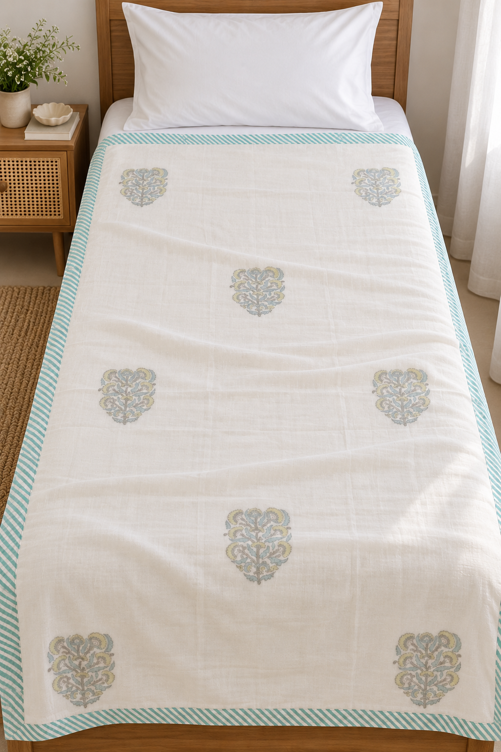 Single bed Handblock Printed Yellow Motif Mulmul Dohar
