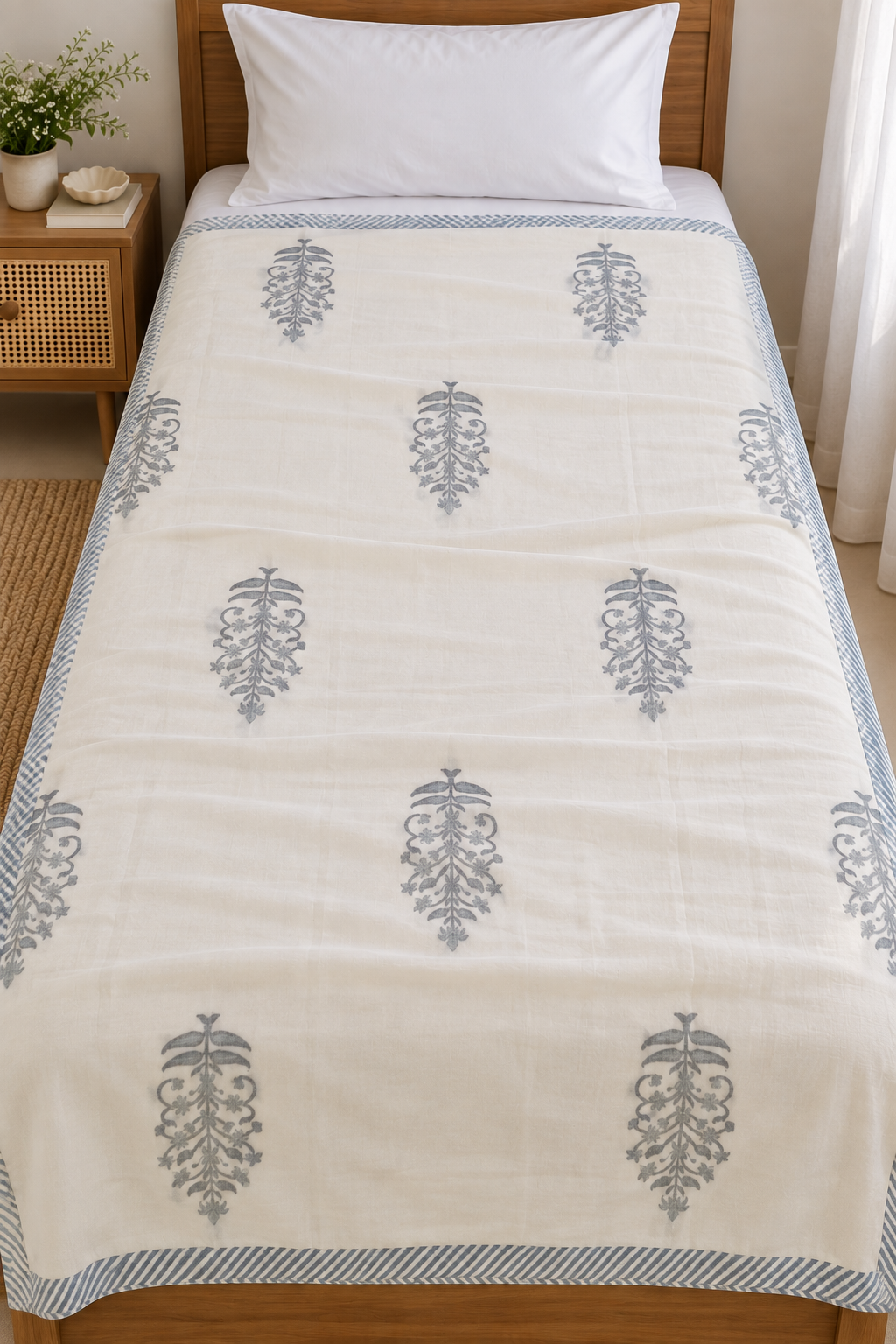 Single bed Handblock Printed Blue Motif Mulmul Dohar