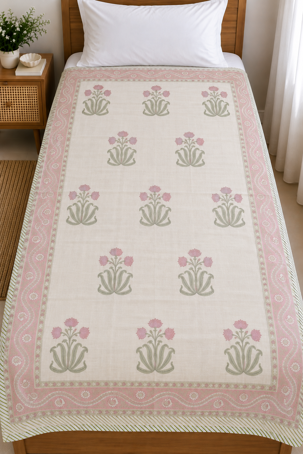 Single bed Handblock Printed Pink Motif Mulmul Dohar