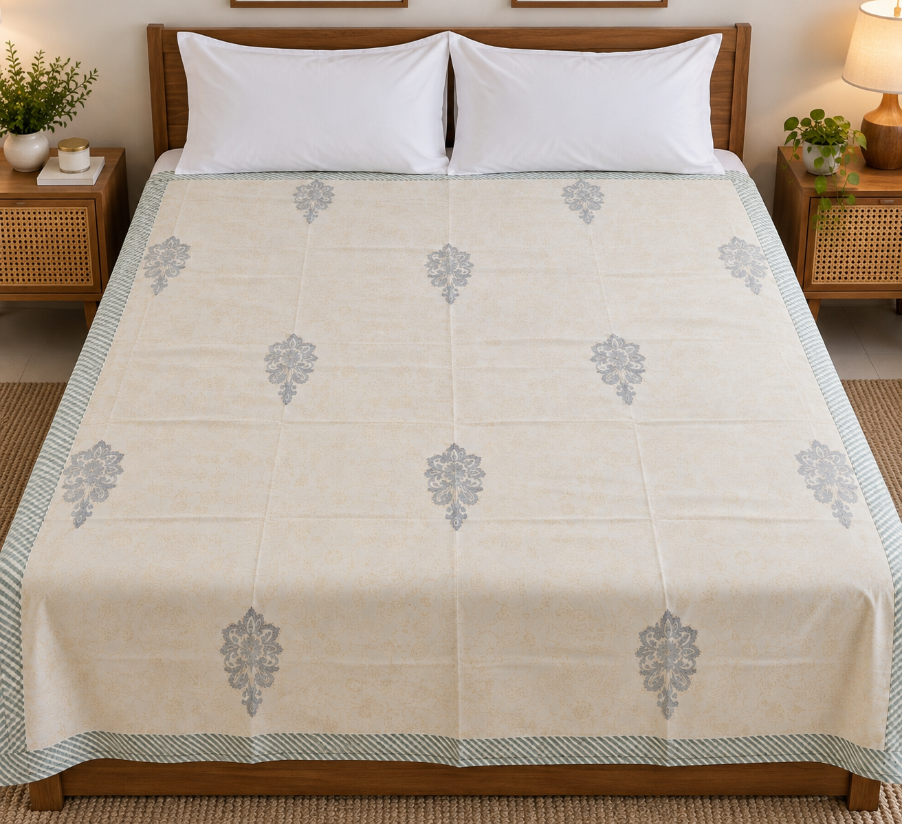 Double Bed Hand Block Printed Green Yellow Motif Mulmul Dohar