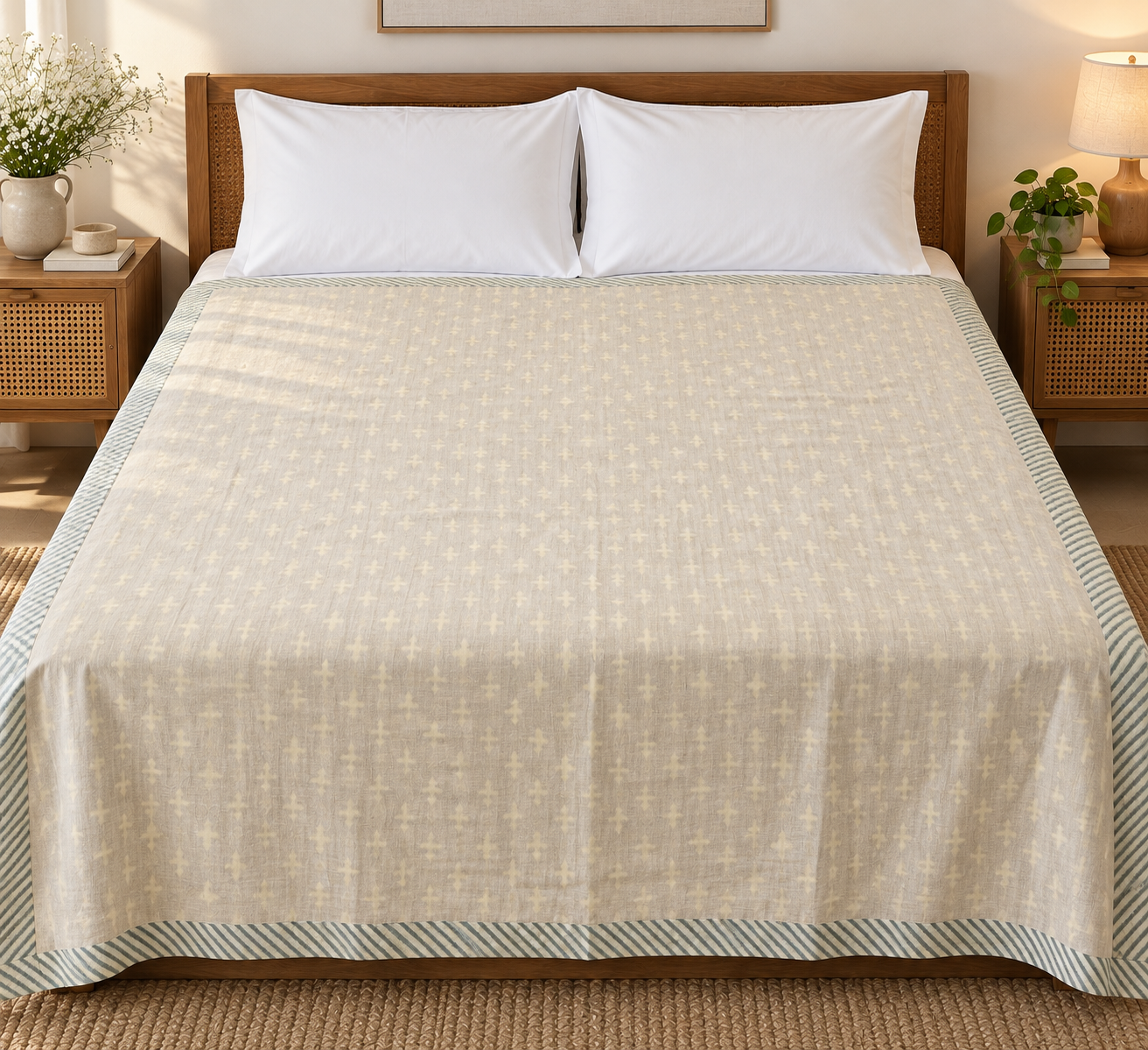 Double Bed Hand Block Printed Grey Mulmul Dohar