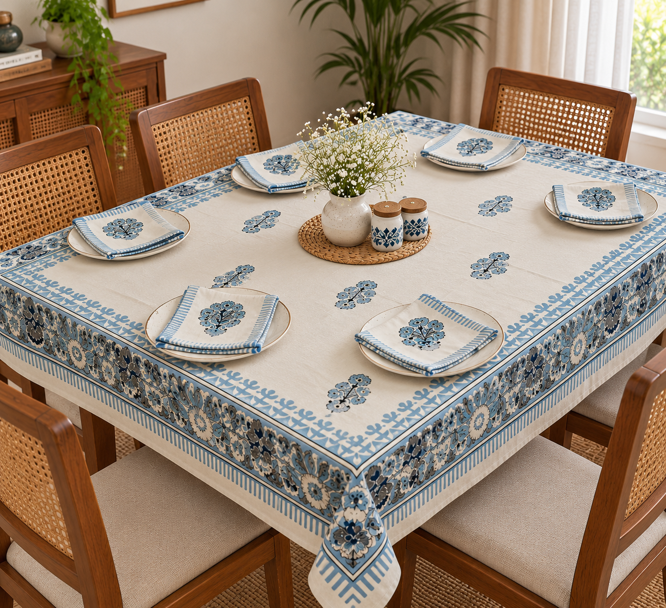 Handblock Printed Blue Motif Dining table cover
