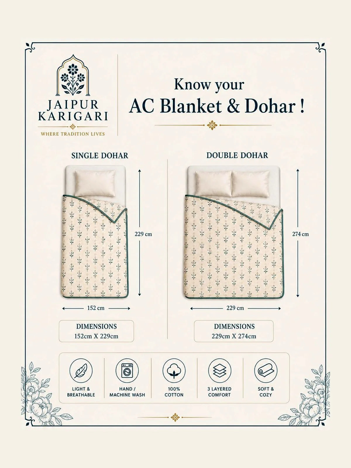 Reversible Hand Block Printed Pink Flower Double Bed Dohar
