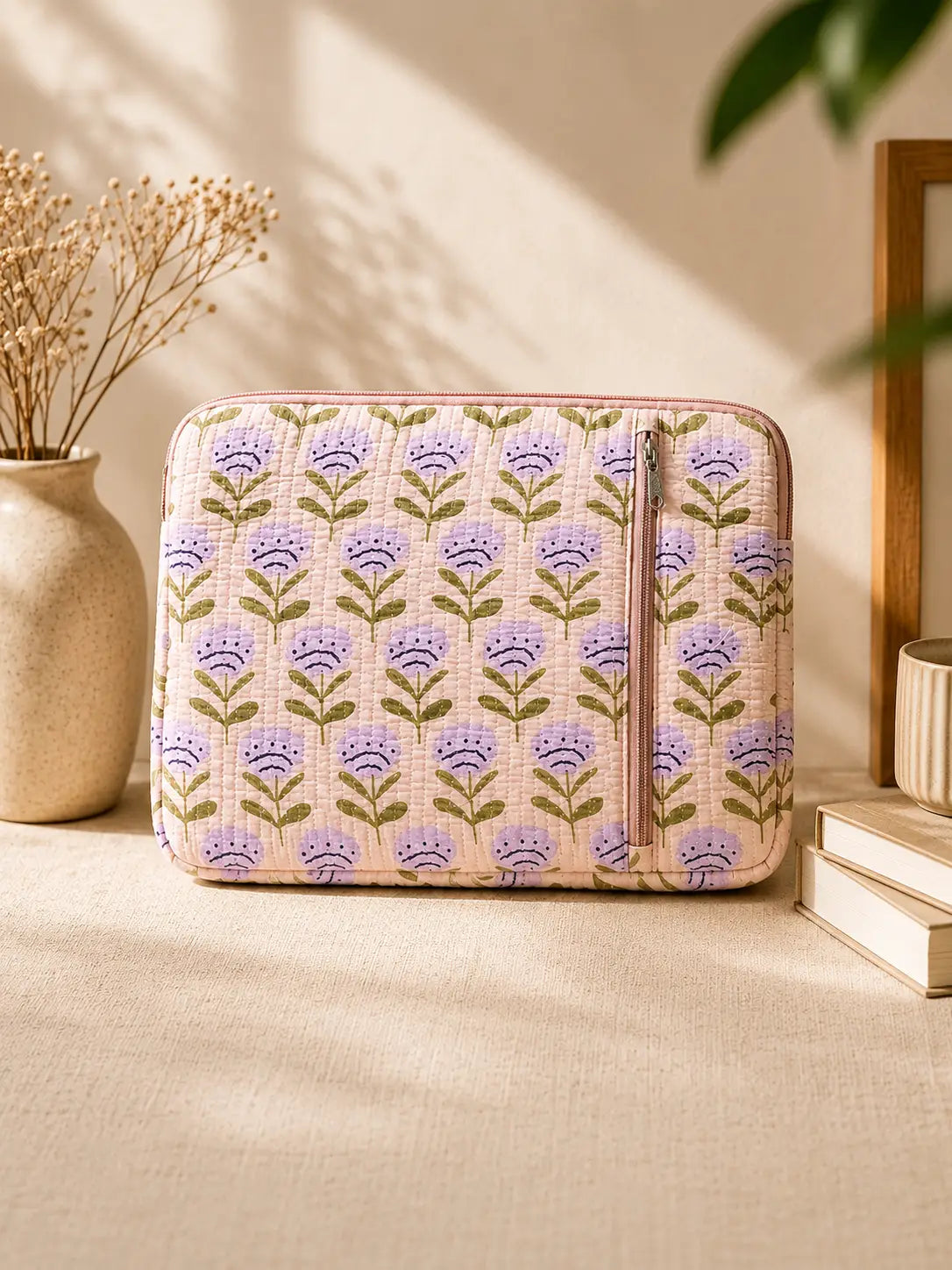 Hand Blockprinted Quilted Peach Macbook Sleeve