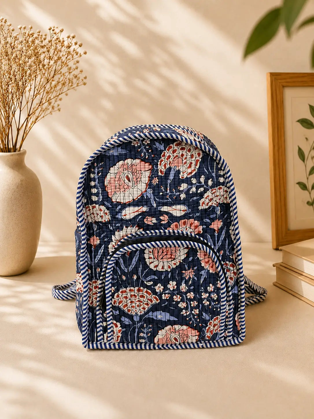 Hand Blockprinted Quilted Blue Backpack