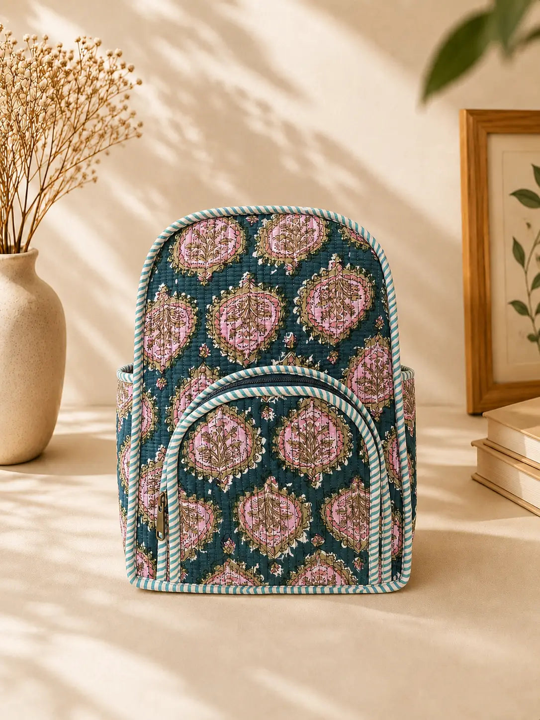 Hand Blockprinted Quilted Green Backpack