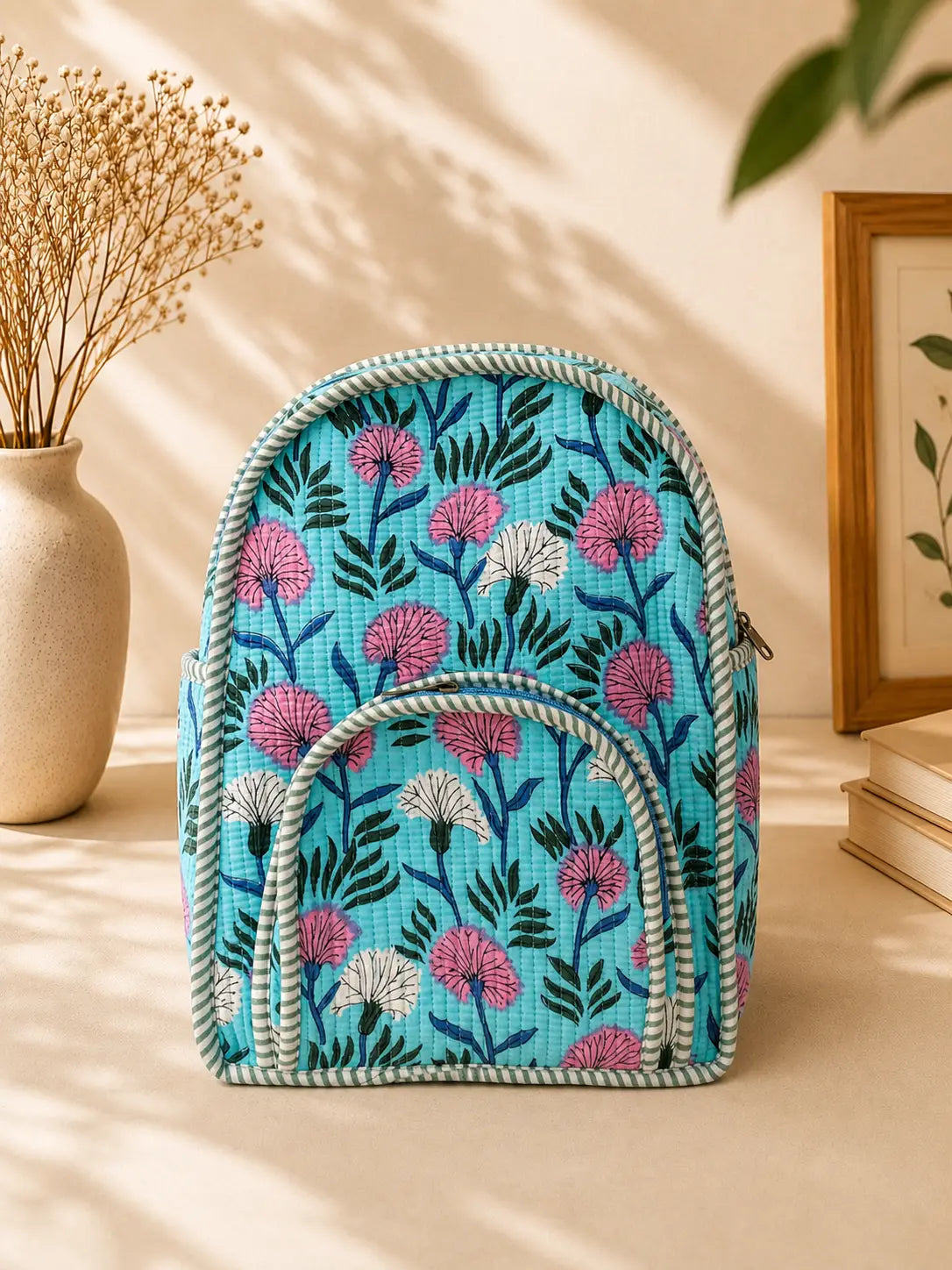 Hand Blockprinted Quilted Skyblue Backpack