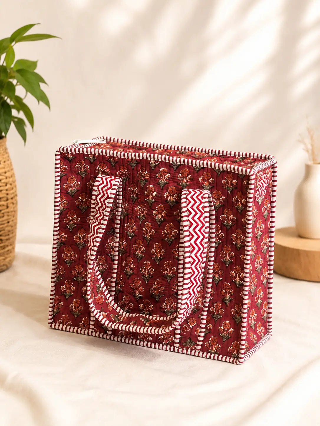 Quilted Block Printed Red Tote bag