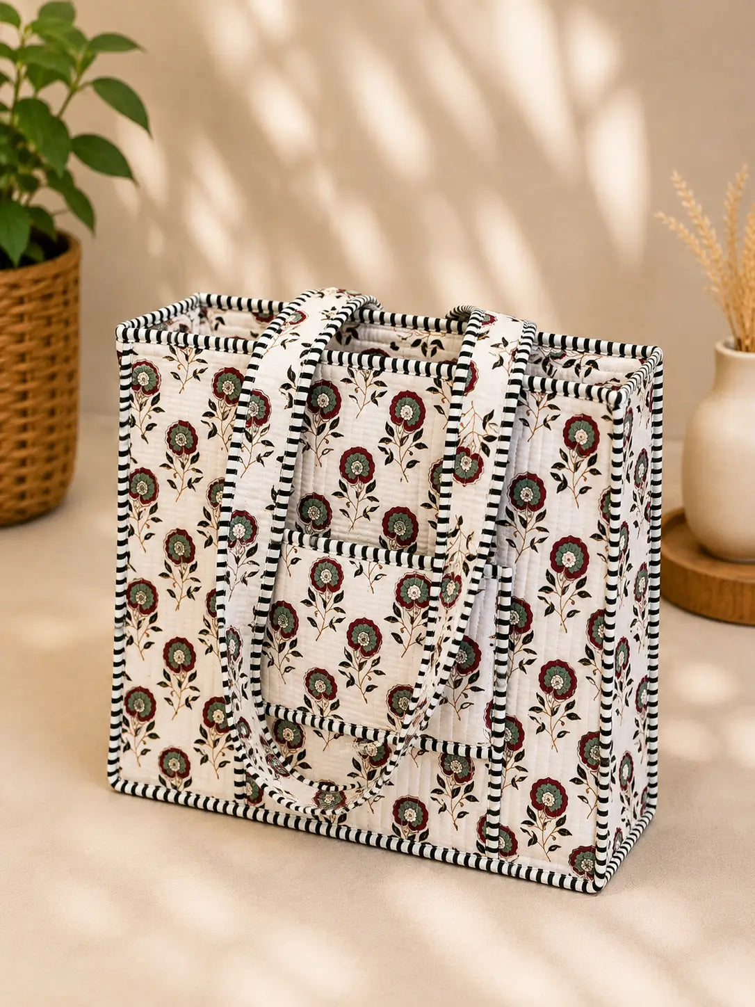 Quiilted Blockprinted White Tote bag
