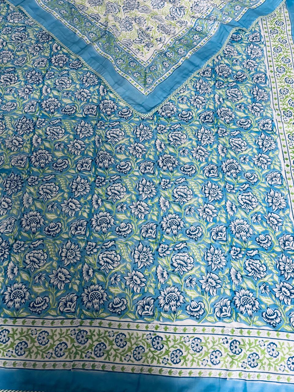 Reversible Hand Block Printed Light Blue Single Bed Dohar